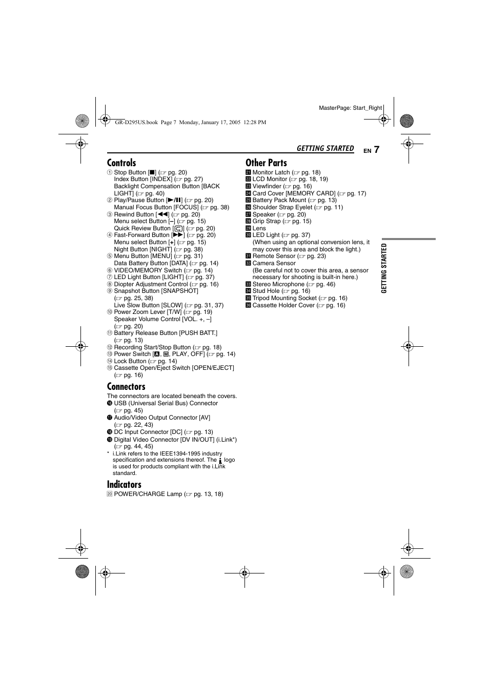 Controls, Connectors, Indicators | Other parts | JVC GR-D295U User Manual | Page 7 / 56