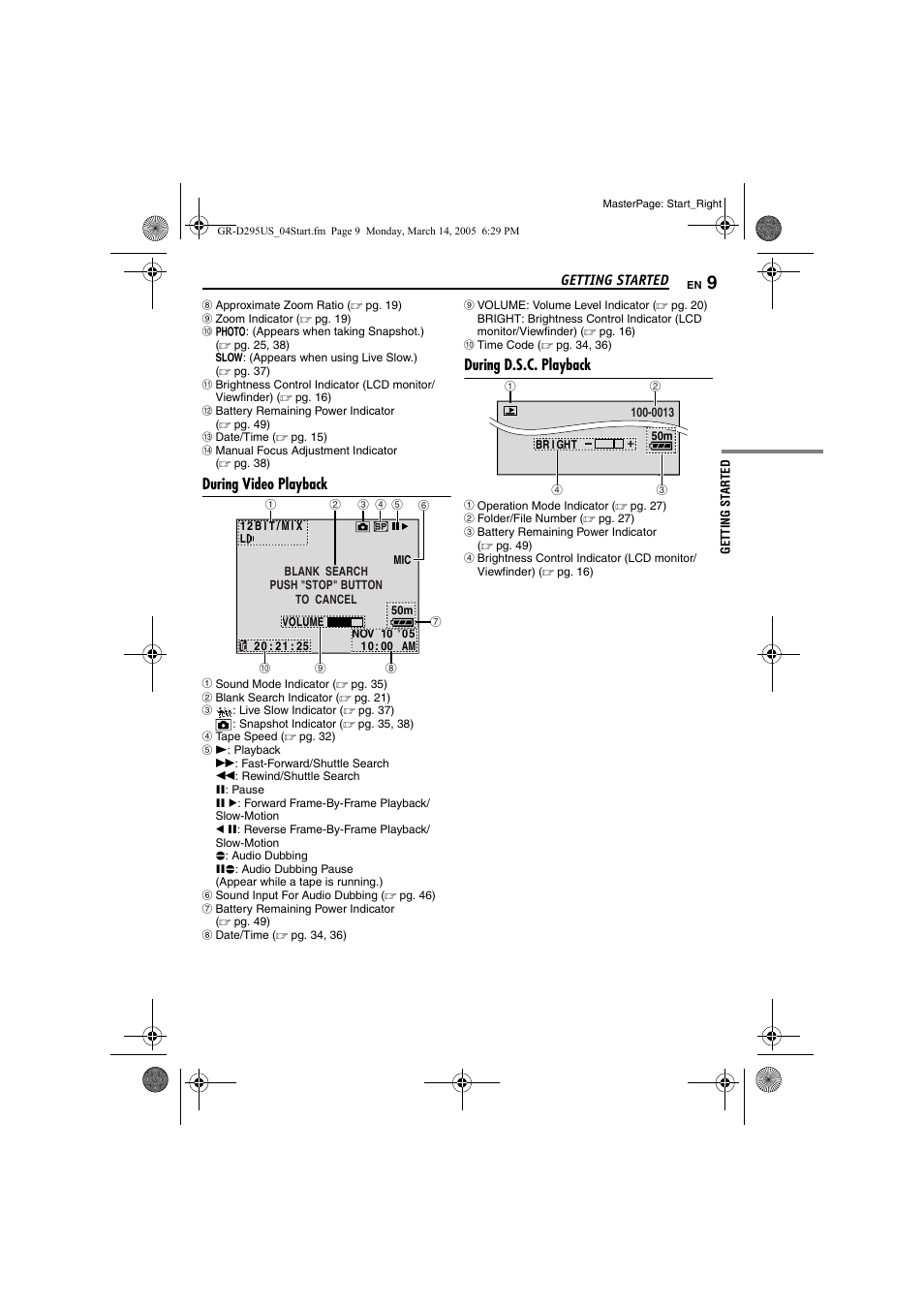 During video playback, During d.s.c. playback | JVC GR-D295U User Manual | Page 9 / 56