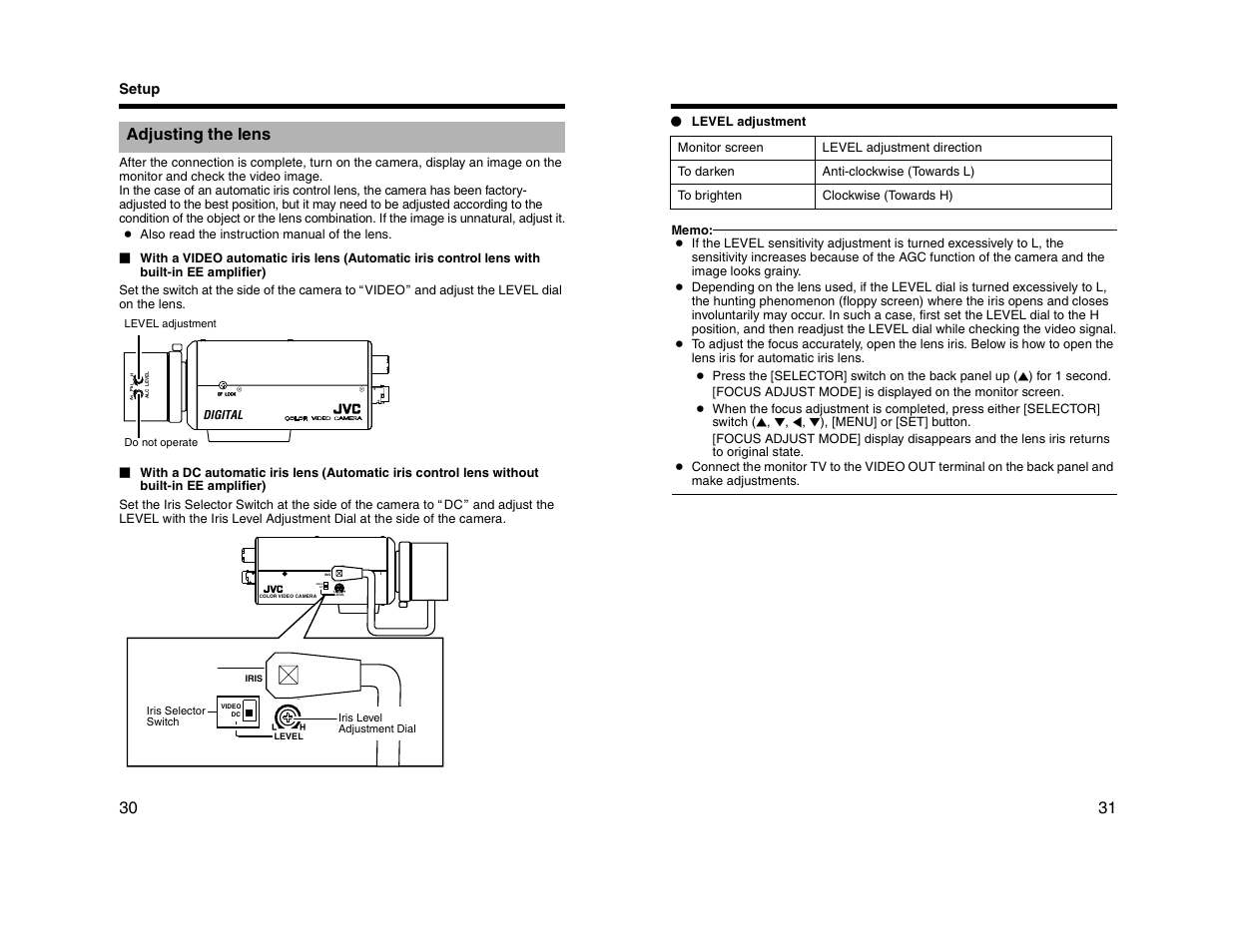 Video dc, Adjusting the lens | JVC TK-C1530U User Manual | Page 16 / 35