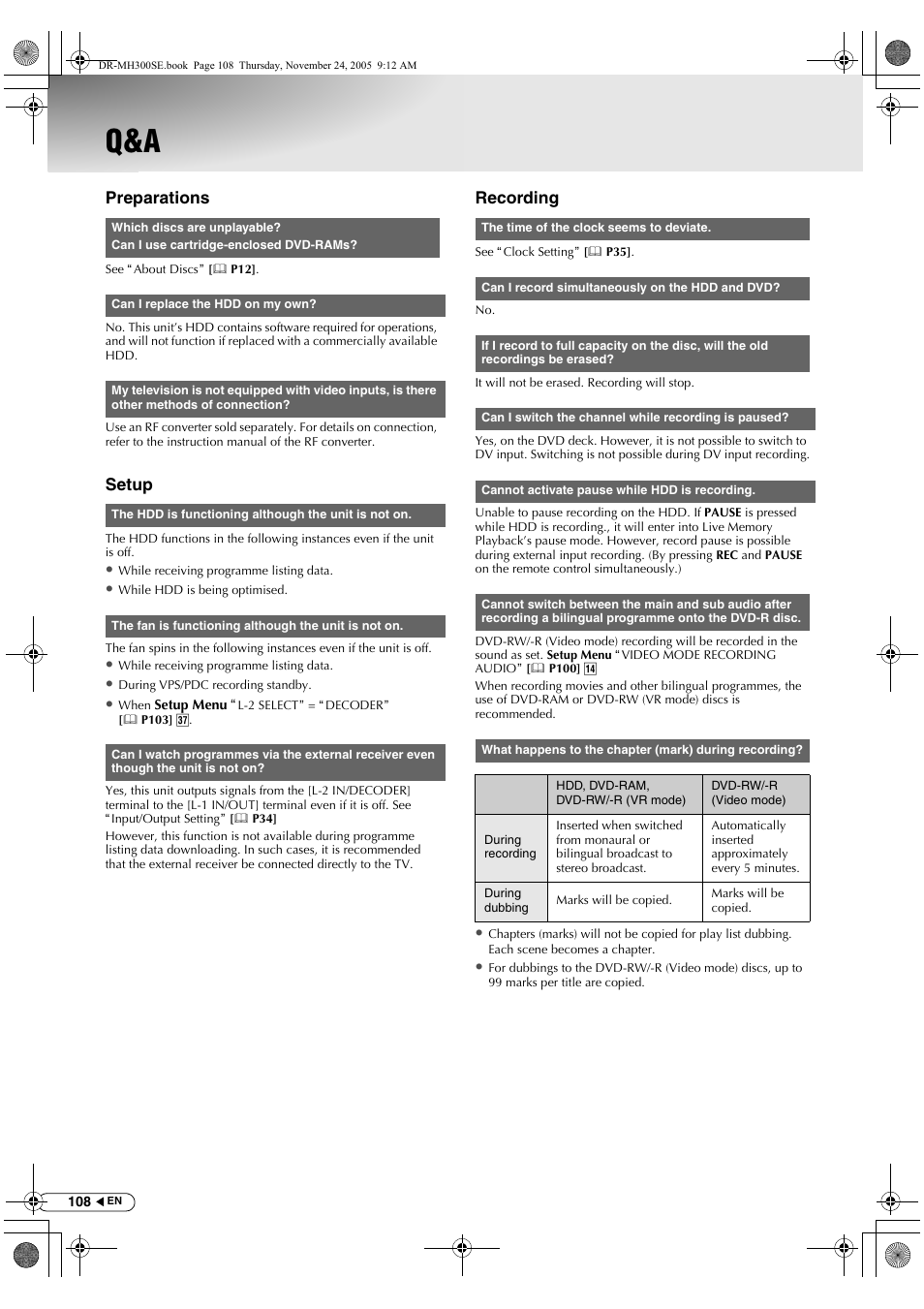 Troubleshooting/appendix, Preparations, Setup | Recording | JVC DR-MH300BEK User Manual | Page 108 / 116