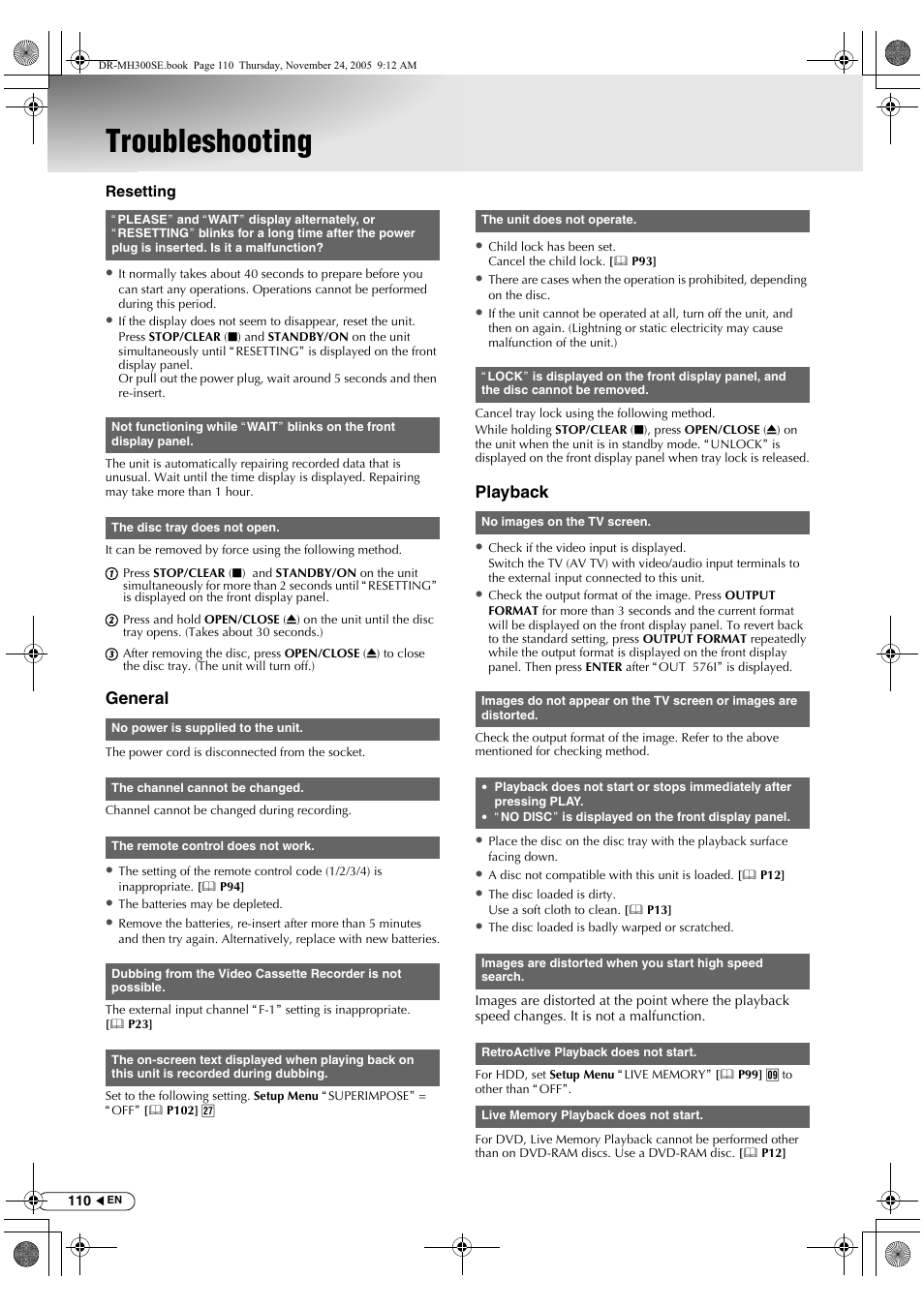 Troubleshooting, General, Playback | JVC DR-MH300BEK User Manual | Page 110 / 116