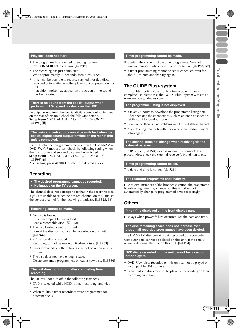 Trou b lesh ootin g/append ix, Recording, The guide plus+ system | Others | JVC DR-MH300BEK User Manual | Page 111 / 116