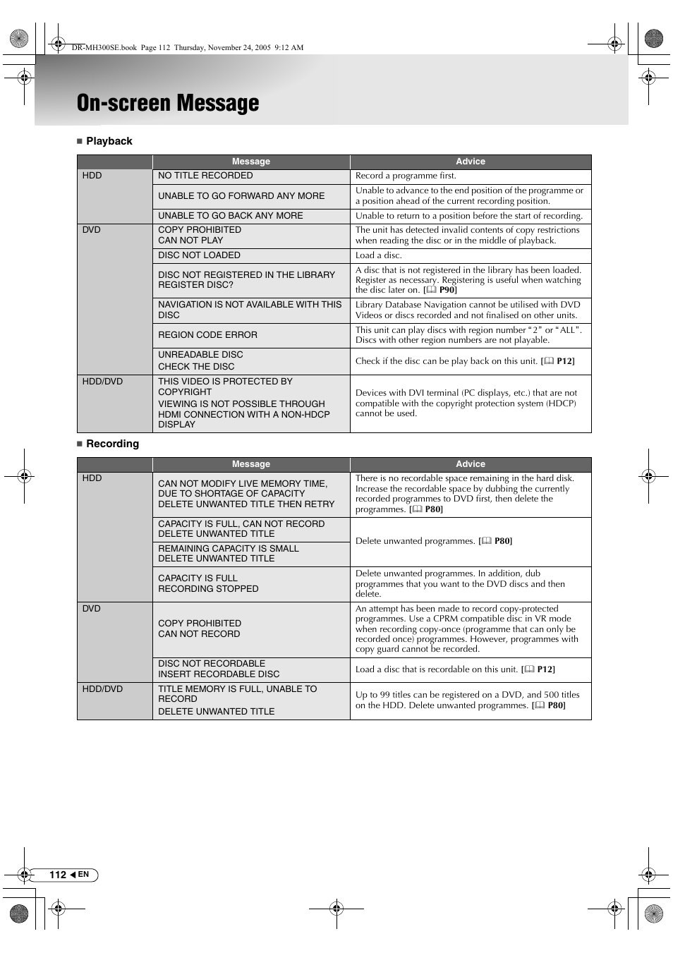 On-screen message | JVC DR-MH300BEK User Manual | Page 112 / 116