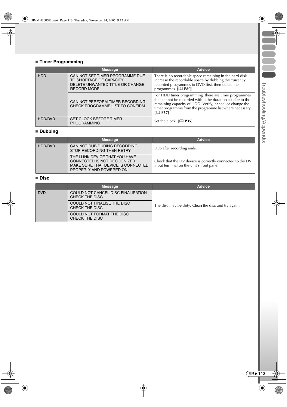 Trou b lesh ootin g/append ix | JVC DR-MH300BEK User Manual | Page 113 / 116