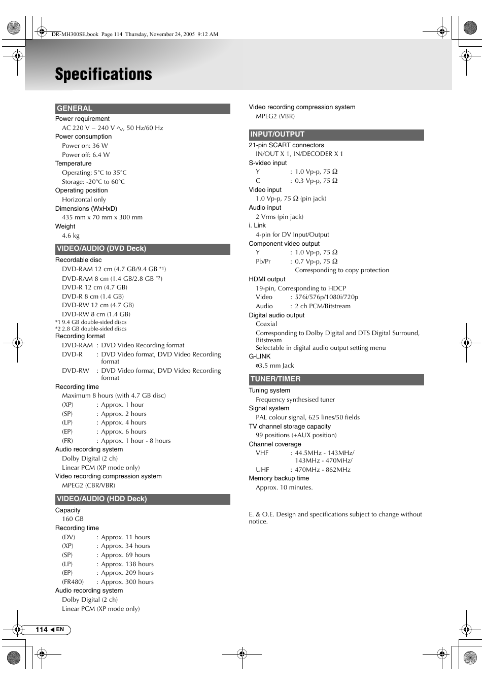 Specifications | JVC DR-MH300BEK User Manual | Page 114 / 116