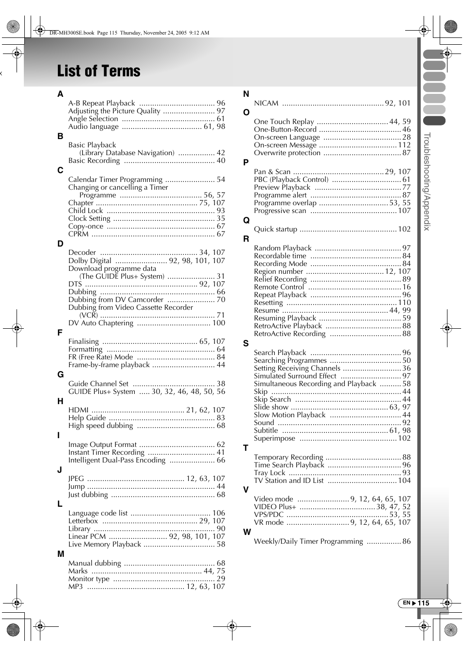 List of terms | JVC DR-MH300BEK User Manual | Page 115 / 116