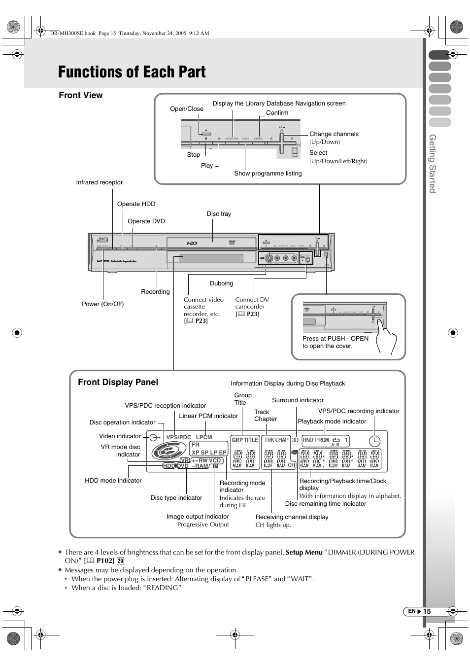 Functions of each part, Getting star ted, Front view front display panel | Ram/rw | JVC DR-MH300BEK User Manual | Page 15 / 116