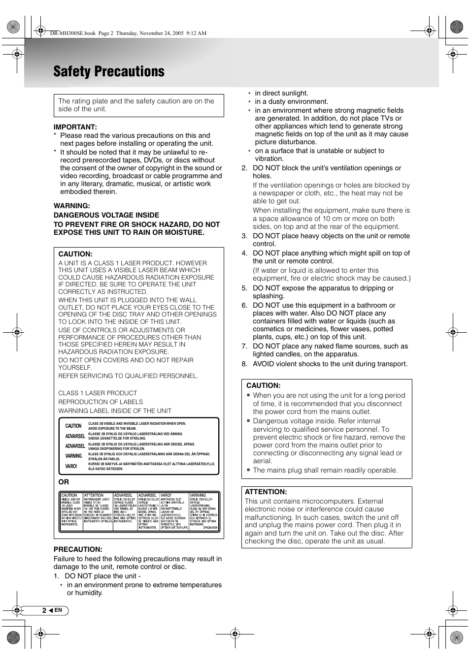 Getting started, Safety precautions | JVC DR-MH300BEK User Manual | Page 2 / 116