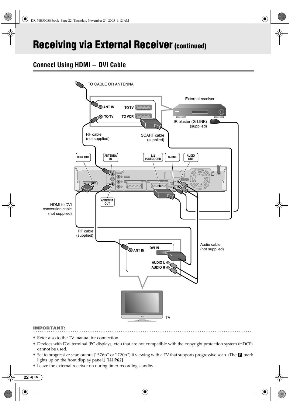 Connect using hdmi - dvi cable, Receiving via external receiver, Continued) connect using hdmi - dvi cable | Refer also to the tv manual for connection | JVC DR-MH300BEK User Manual | Page 22 / 116