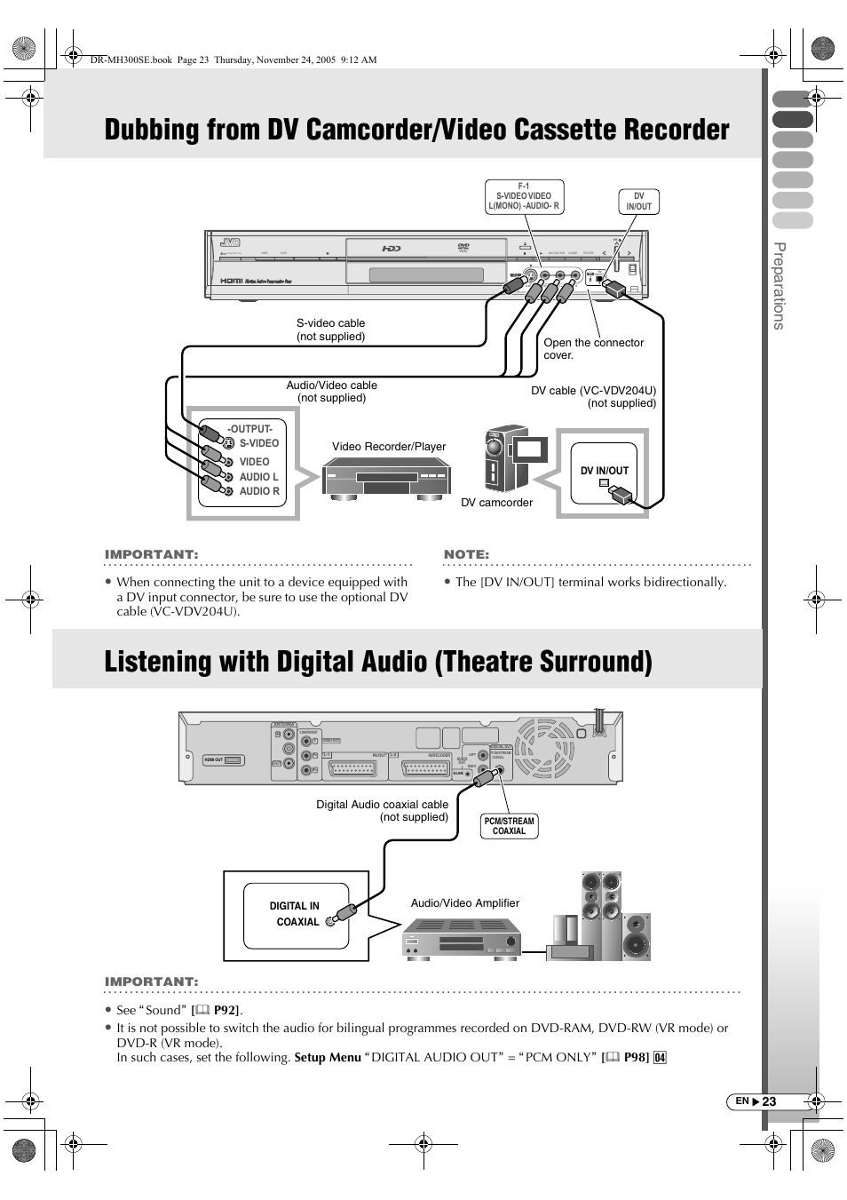 Dubbing from dv camcorder/video cassette recorder, Listening with digital audio (theatre surround), Dubbing from dv camcorder/video cassette | Recorder, Prepar a tions, The [dv in/out] terminal works bidirectionally, See asoundb [ p92, Ram/rw, Important | JVC DR-MH300BEK User Manual | Page 23 / 116