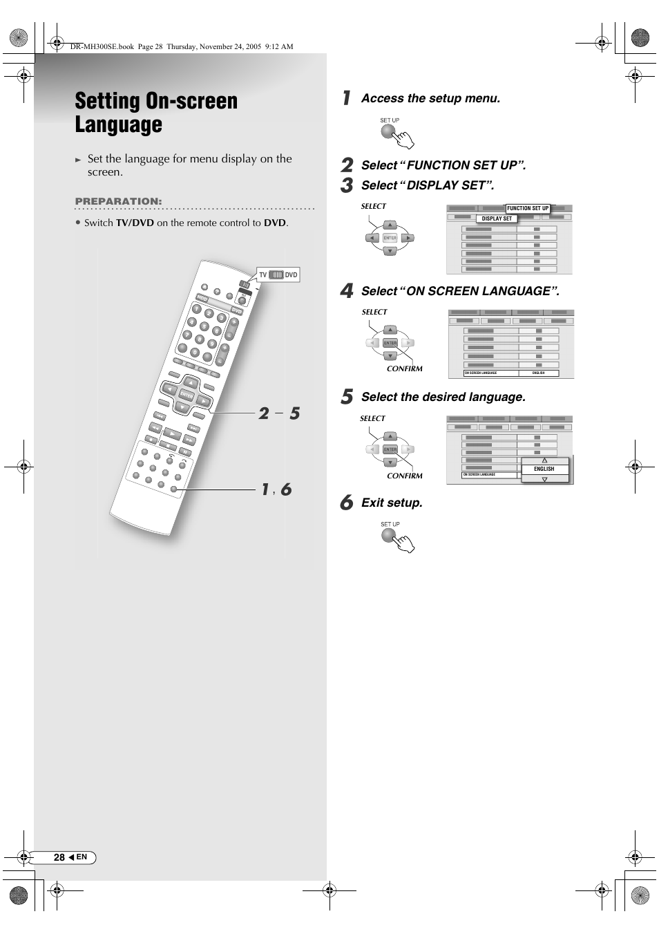 Setting on-screen language, A, f b - e | JVC DR-MH300BEK User Manual | Page 28 / 116