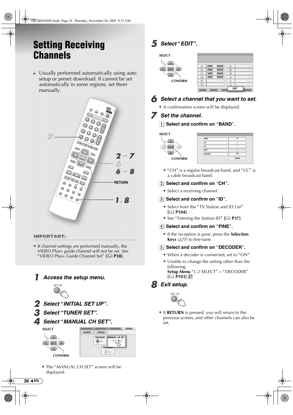 Setting receiving channels, A, h b - g f f - h g | JVC DR-MH300BEK User Manual | Page 36 / 116