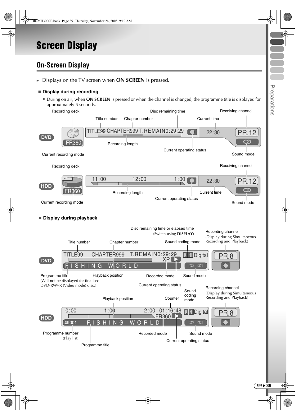 Screen display, On-screen display, Pr.12 | Pr.12 pr.8 pr.8 | JVC DR-MH300BEK User Manual | Page 39 / 116