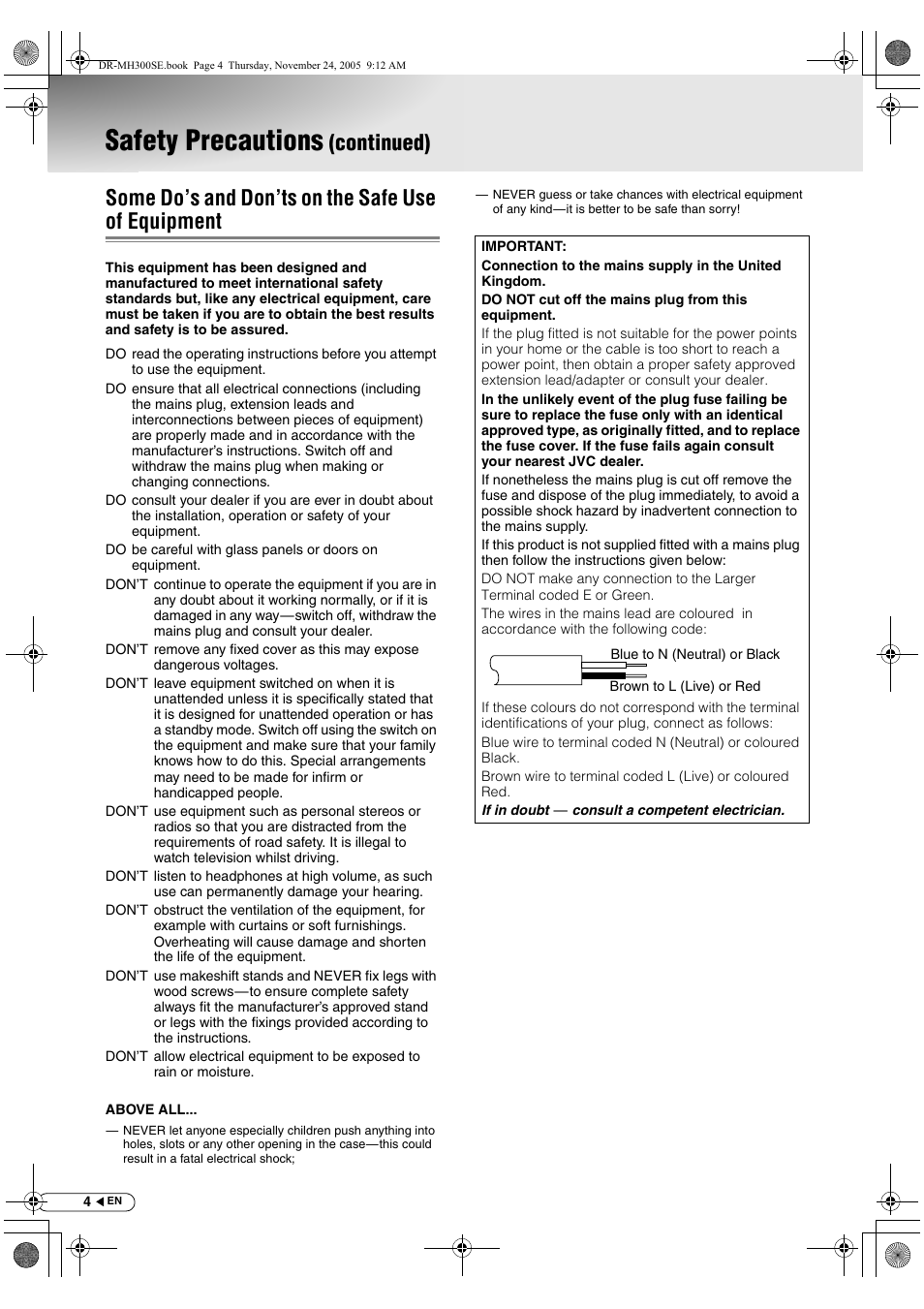 Some do’s and don’ts on the safe use of equipment, Safety precautions | JVC DR-MH300BEK User Manual | Page 4 / 116