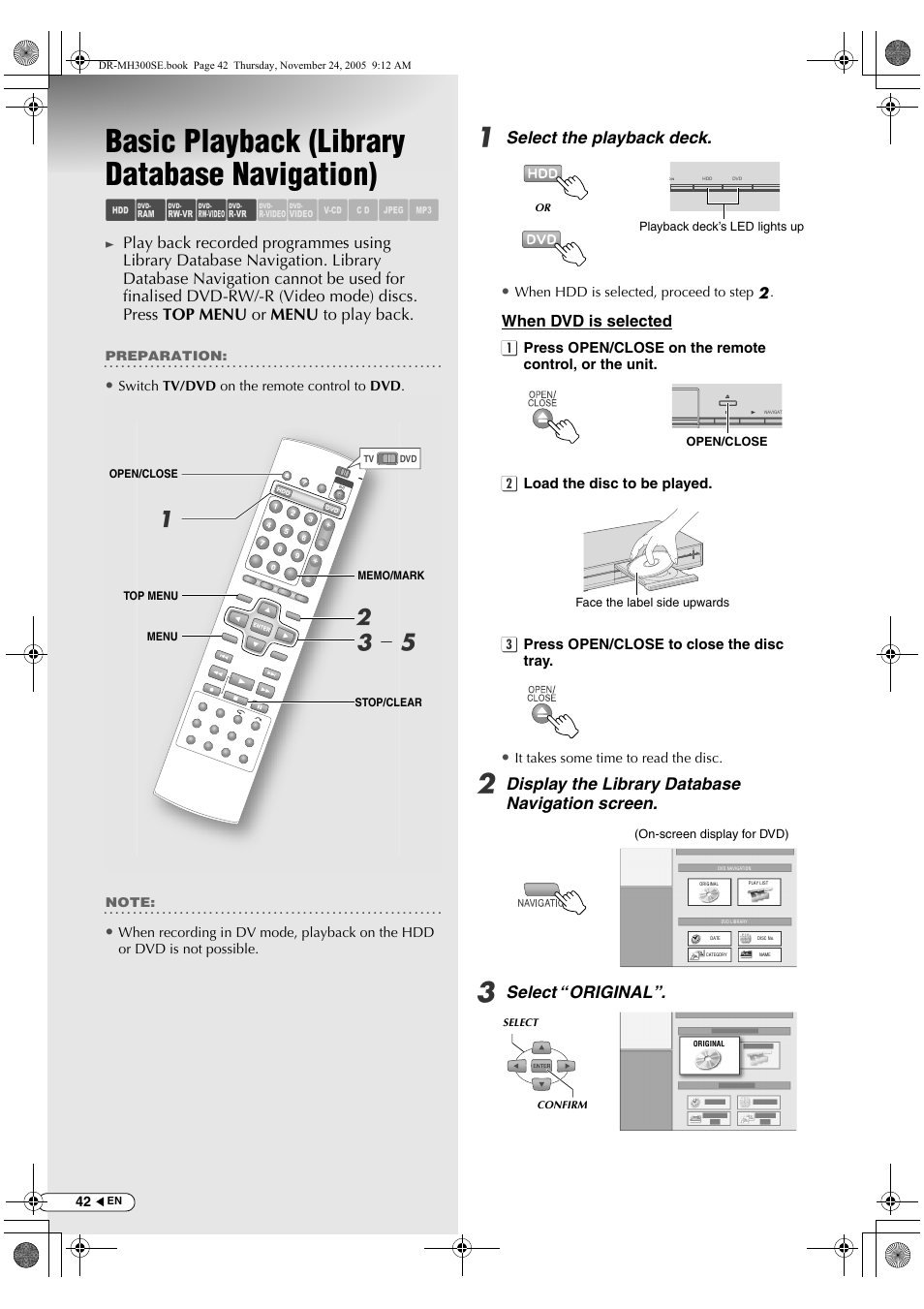 Basic playback (library database navigation), Abcde fghijk, Ab c - e | JVC DR-MH300BEK User Manual | Page 42 / 116