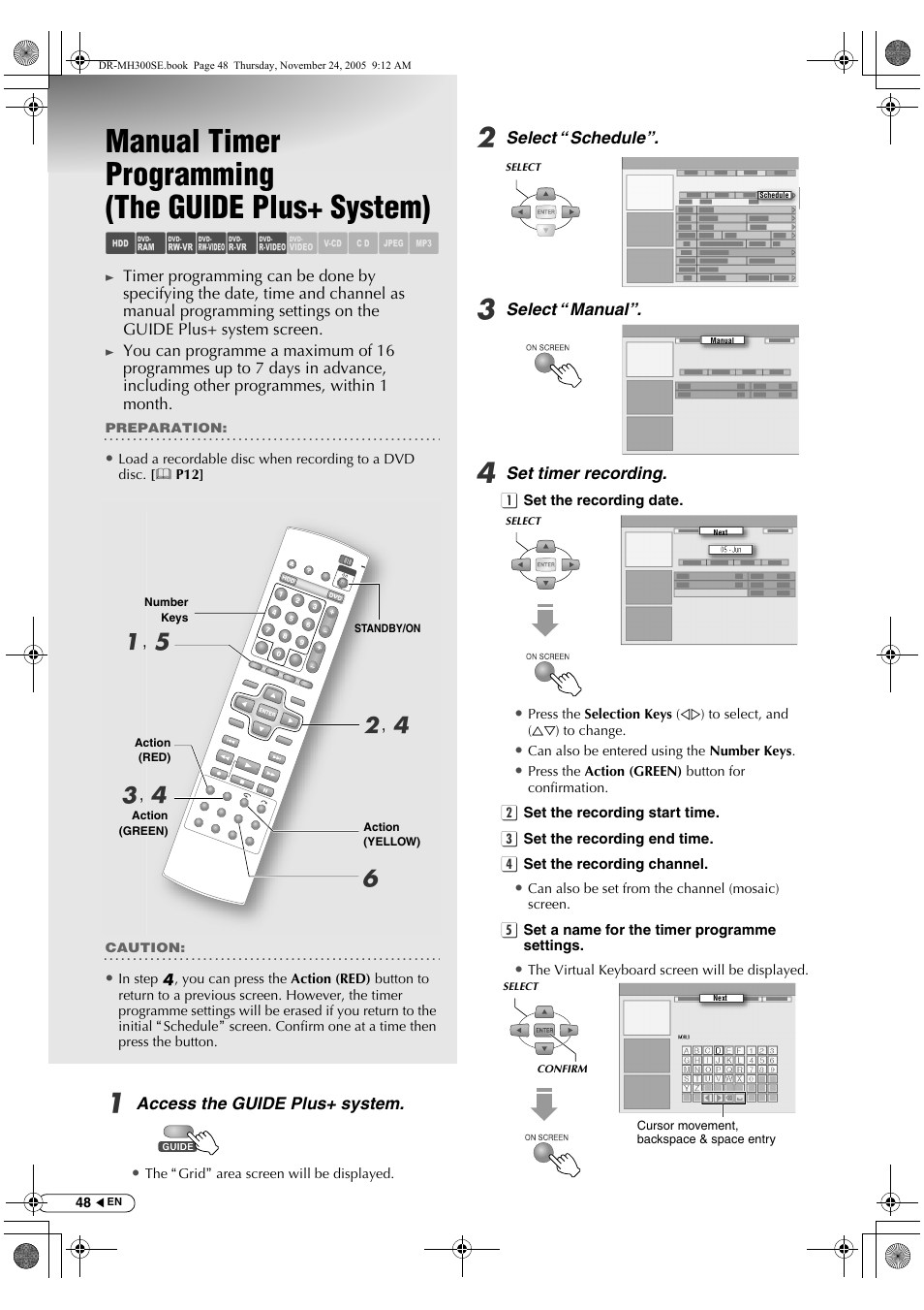 Manual timer programming (the guide plus+ system), Manual timer programming, The guide plus+ system) | Abcdef ghijk, A, e b , d c , d | JVC DR-MH300BEK User Manual | Page 48 / 116