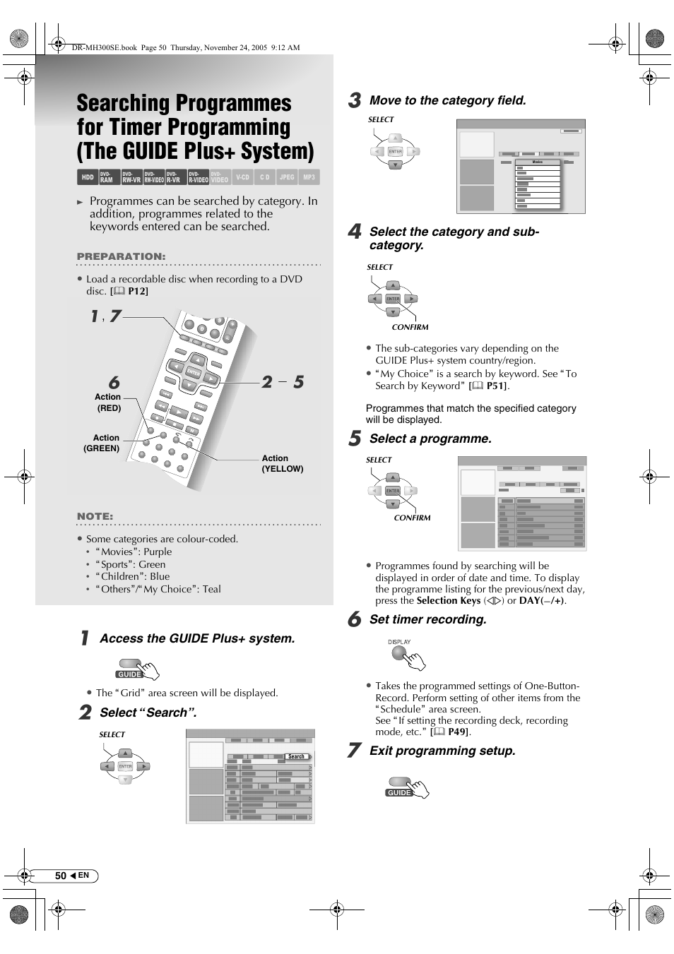 Searching programmes for timer programming, The guide plus+ system), Abcdef ghijk | A, g f, B- e | JVC DR-MH300BEK User Manual | Page 50 / 116