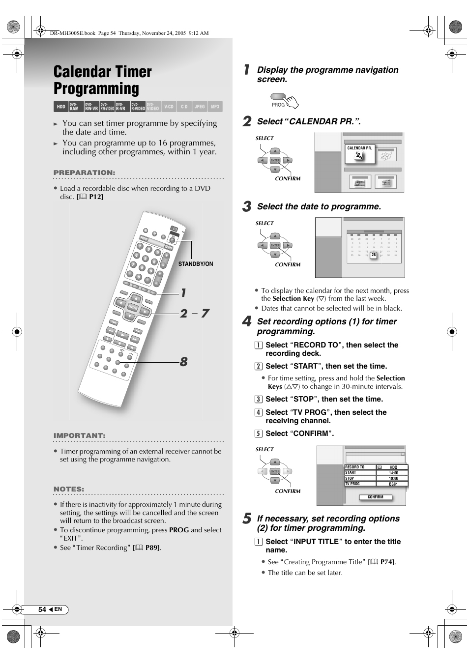 Calendar timer programming, Abcdef ghijk, Ab - g h | Display the programme navigation screen, Select “calendar pr, Select the date to programme, Set recording options (1) for timer programming | JVC DR-MH300BEK User Manual | Page 54 / 116