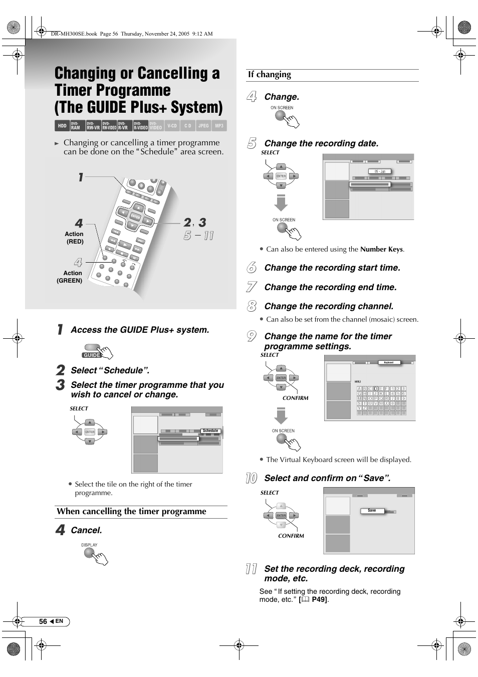 Changing or cancelling a timer programme, The guide plus+ system), Abcdef ghijk | JVC DR-MH300BEK User Manual | Page 56 / 116