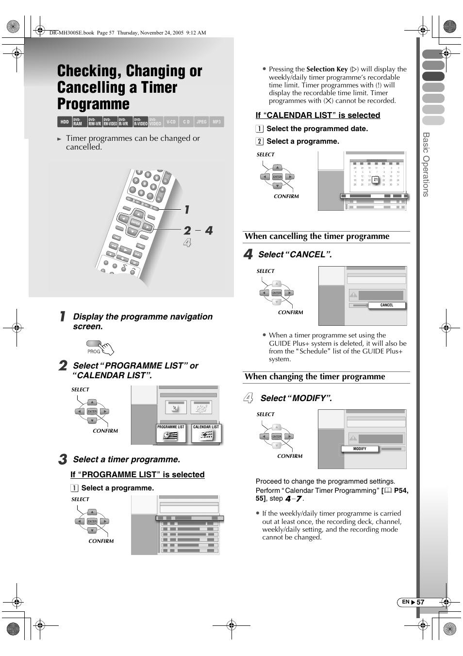 Checking, changing or cancelling a timer programme, Checking, changing or cancelling a timer, Programme | Abcdef ghijk, B- d d a | JVC DR-MH300BEK User Manual | Page 57 / 116