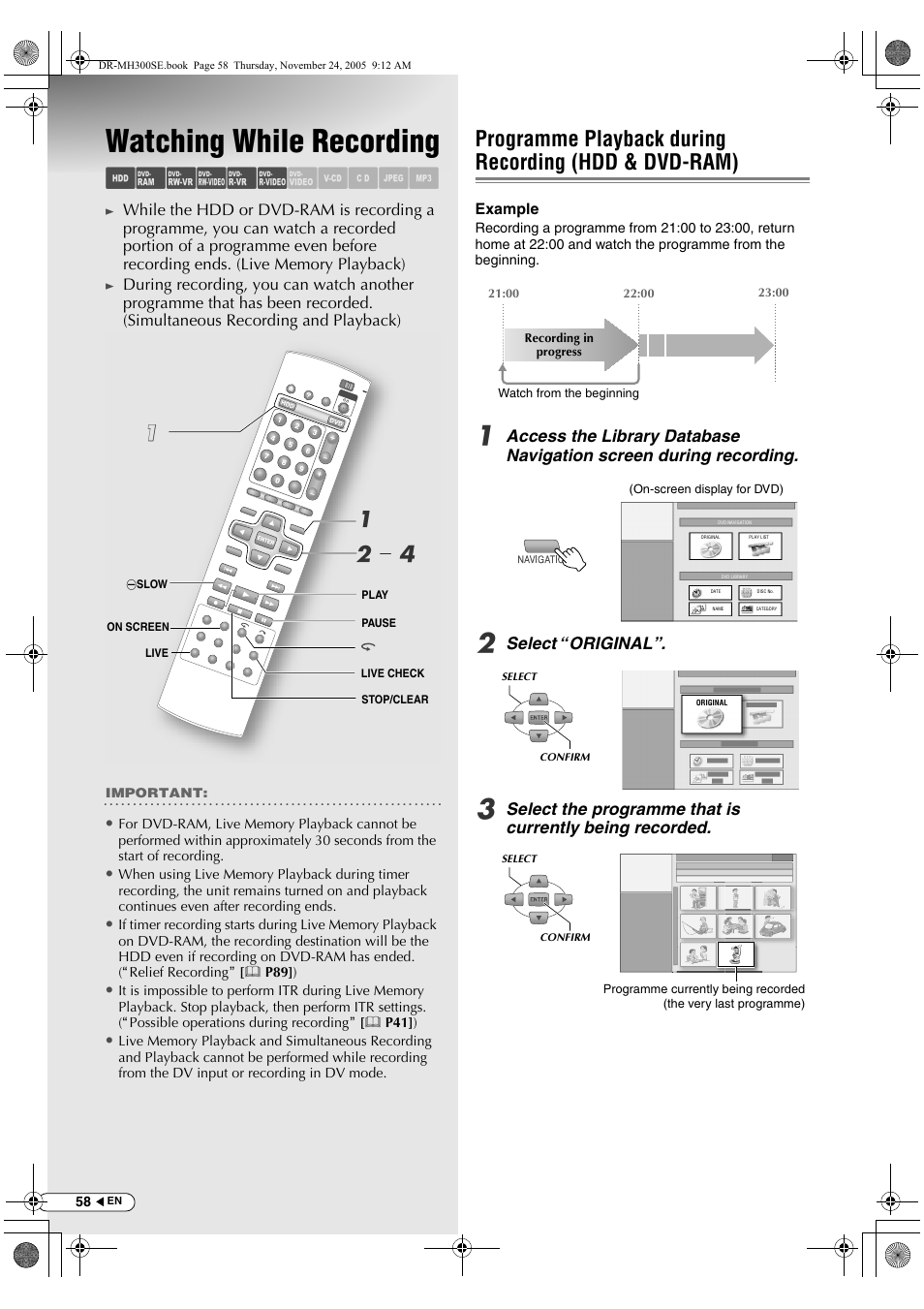 Watching while recording, Programme playback during recording, Hdd & dvd-ram) | Abcdef ghijk, B- d a a | JVC DR-MH300BEK User Manual | Page 58 / 116