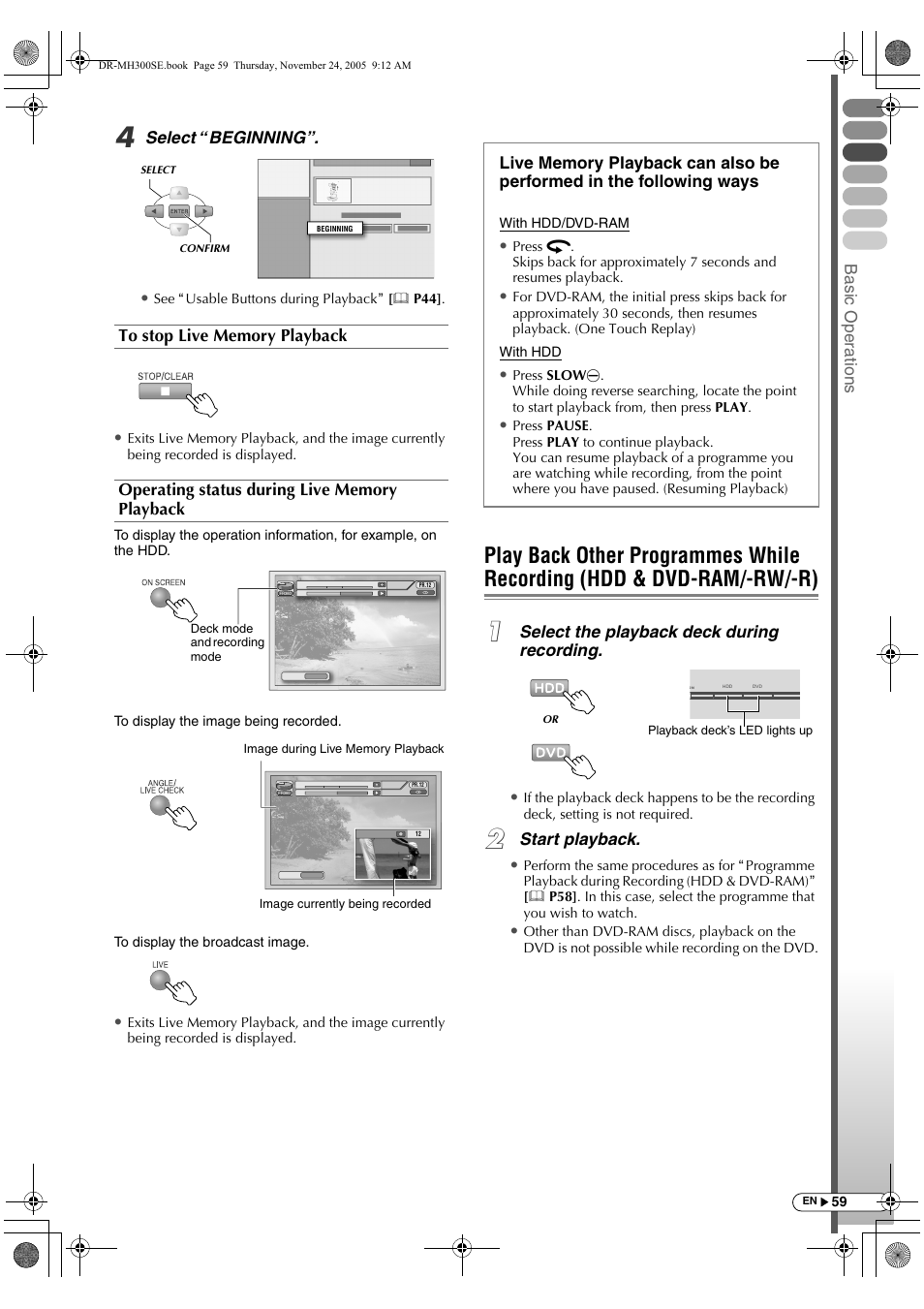 Play back other programmes while recording, Hdd & dvd-ram/-rw/-r) | JVC DR-MH300BEK User Manual | Page 59 / 116