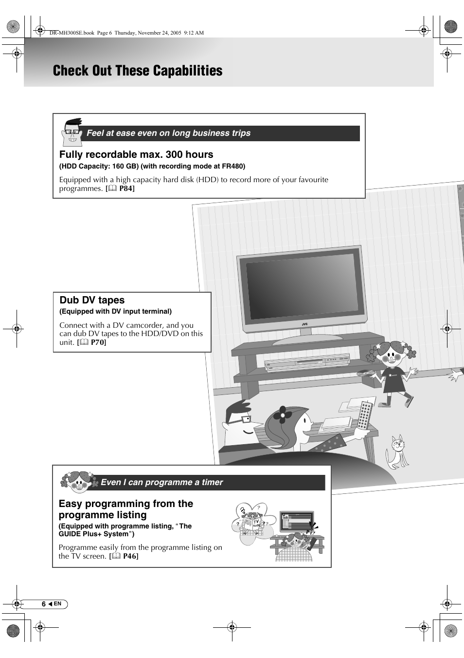 Check out these capabilities, Fully recordable max. 300 hours, Easy programming from the programme listing | Dub dv tapes | JVC DR-MH300BEK User Manual | Page 6 / 116