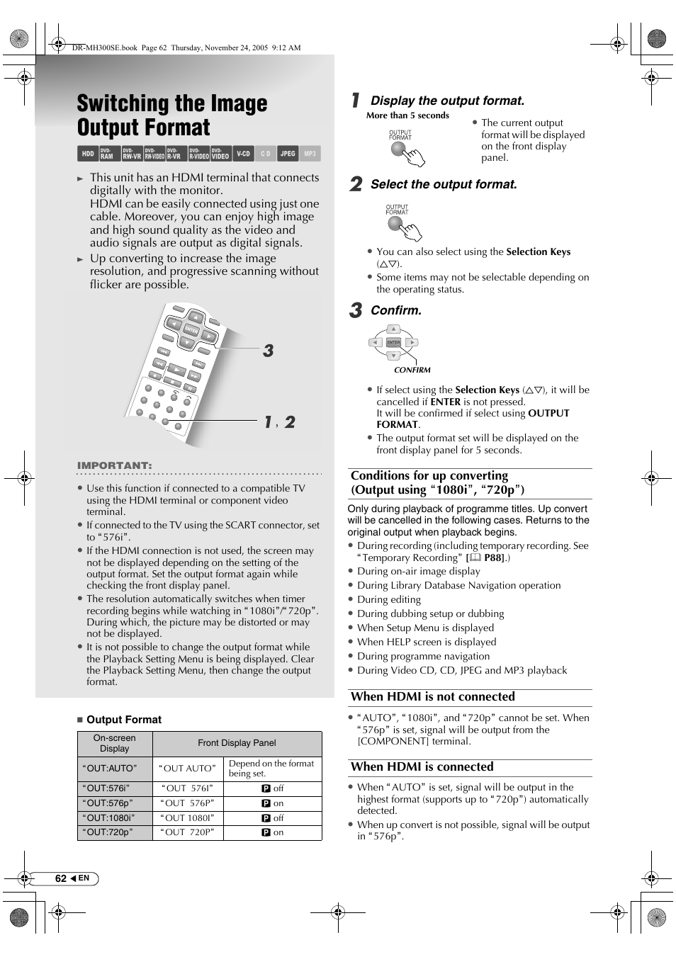 Switching the image output format, Abcdefgh i j k, Ca , b | JVC DR-MH300BEK User Manual | Page 62 / 116