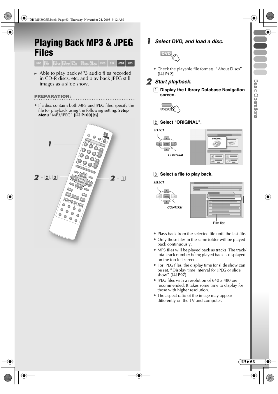 Playing back mp3 & jpeg files, Abcdefghi jk | JVC DR-MH300BEK User Manual | Page 63 / 116