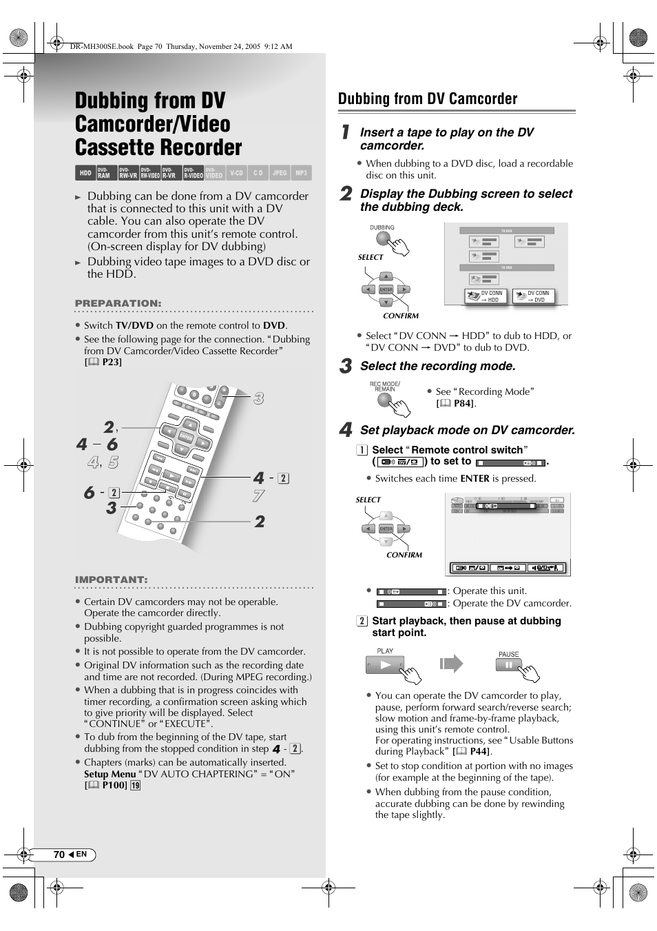 Dubbing from dv camcorder/video cassette recorder, Dubbing from dv camcorder, Dubbing from dv camcorder/video cassette | Recorder, Abcdef ghijk, B, d - f d , e d | JVC DR-MH300BEK User Manual | Page 70 / 116