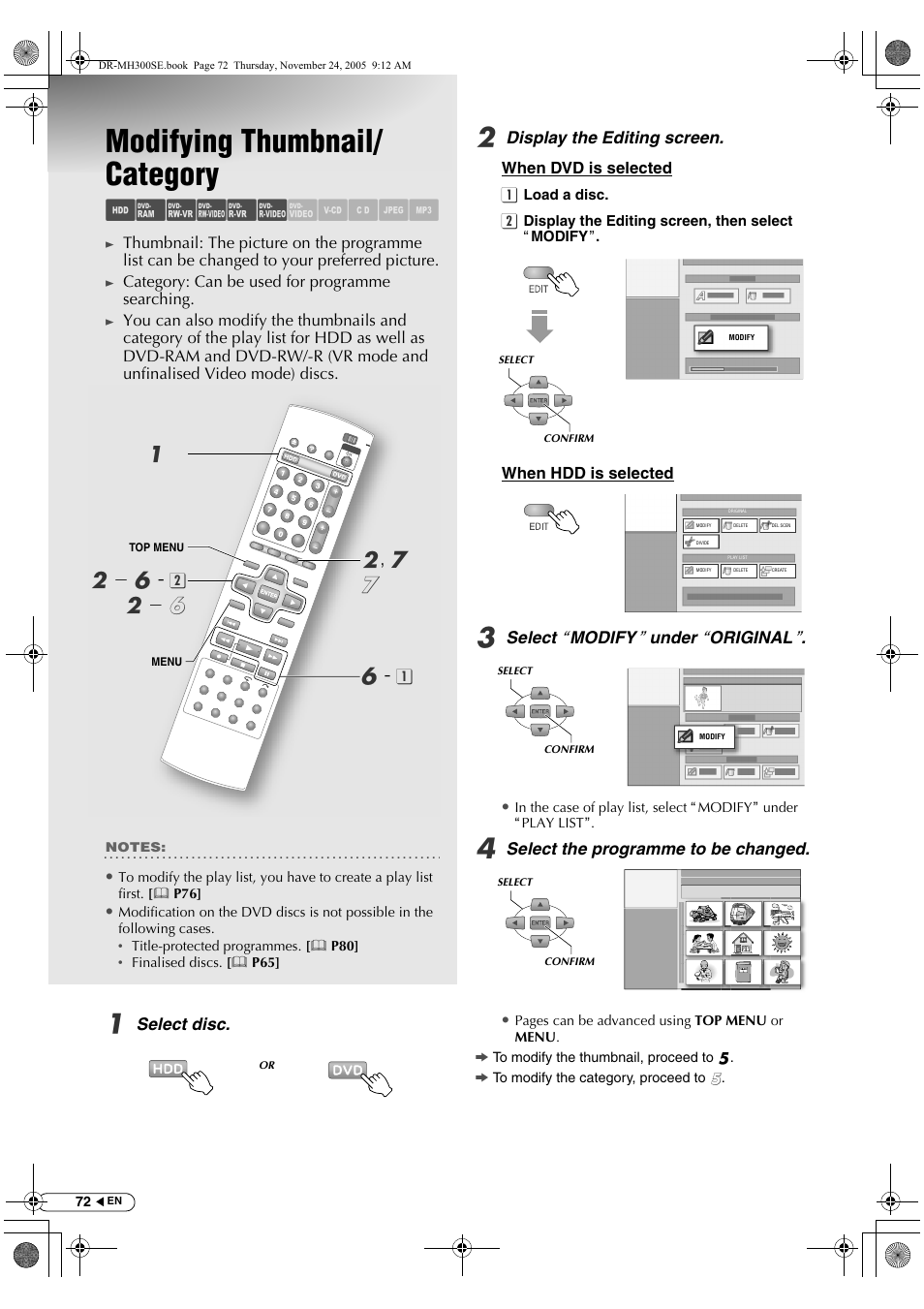 Editing, Modifying thumbnail/ category, Modifying thumbnail/category | Abcdef ghijk, B- f | JVC DR-MH300BEK User Manual | Page 72 / 116