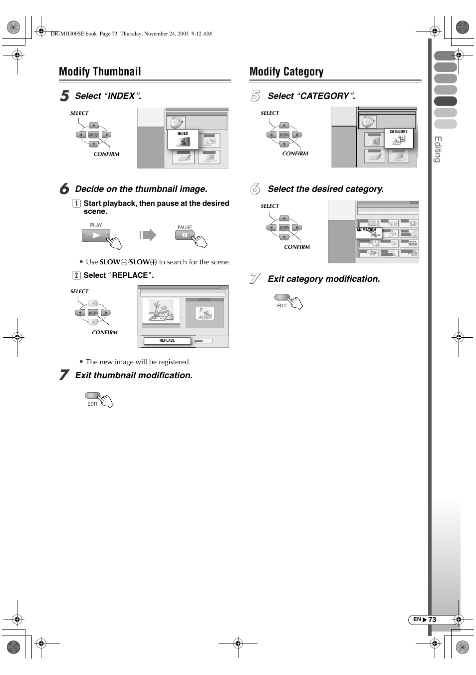 Modify thumbnail, Modify category, Modify thumbnail modify category | JVC DR-MH300BEK User Manual | Page 73 / 116