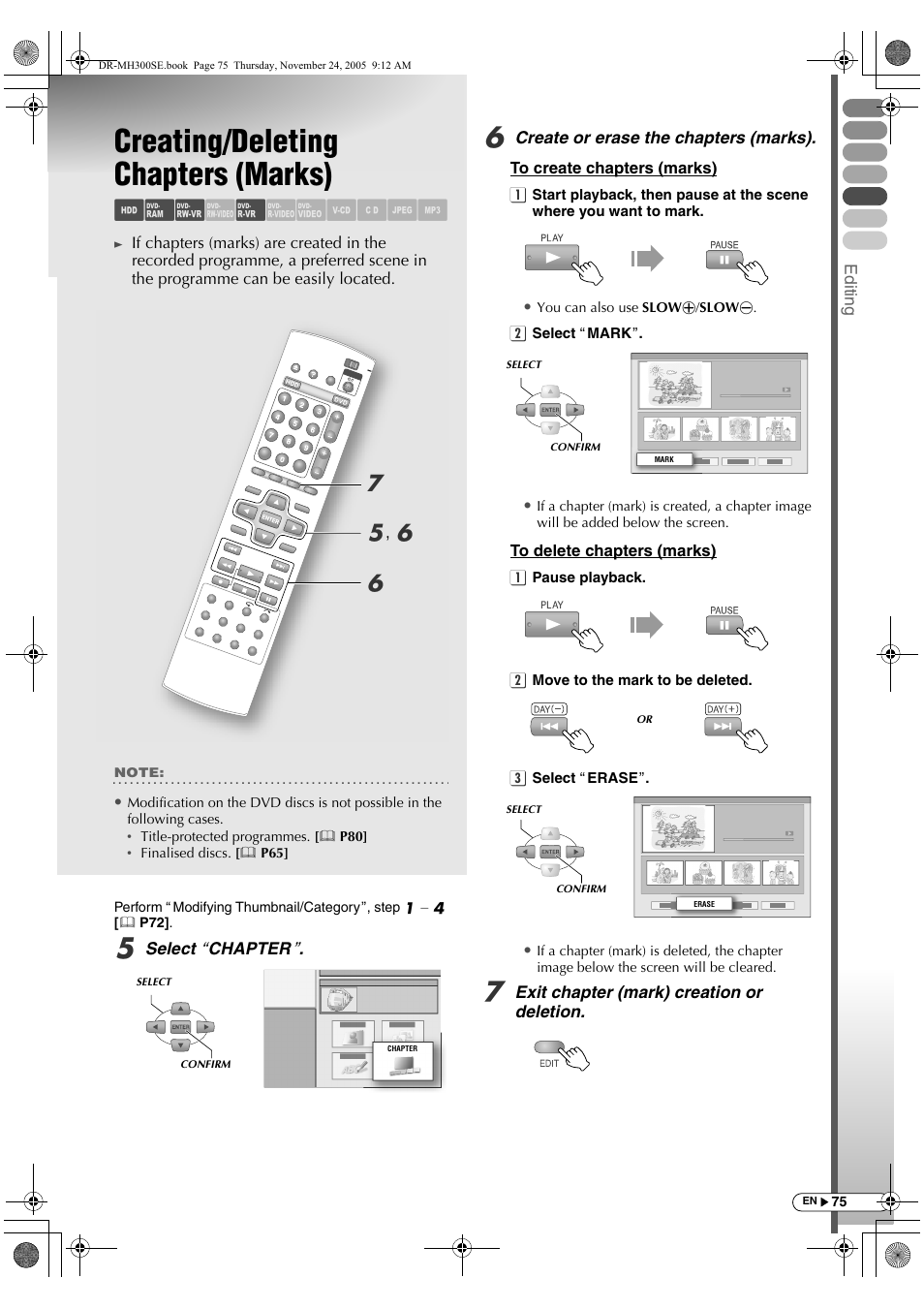 Creating/deleting chapters (marks), Abc d e fghijk, Fg e , f | JVC DR-MH300BEK User Manual | Page 75 / 116