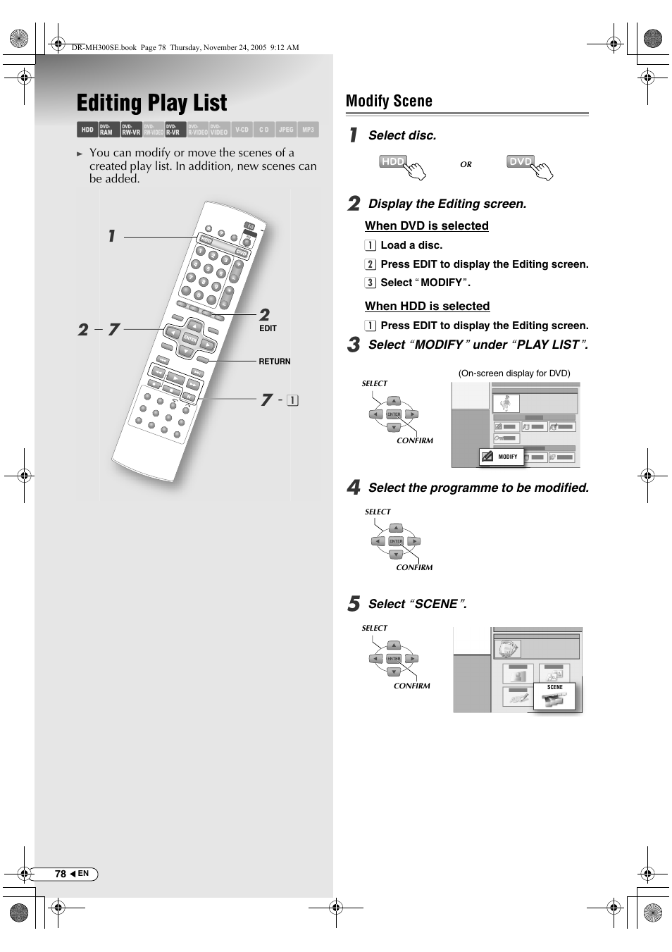 Editing play list, Modify scene, Abc d e fghijk | JVC DR-MH300BEK User Manual | Page 78 / 116