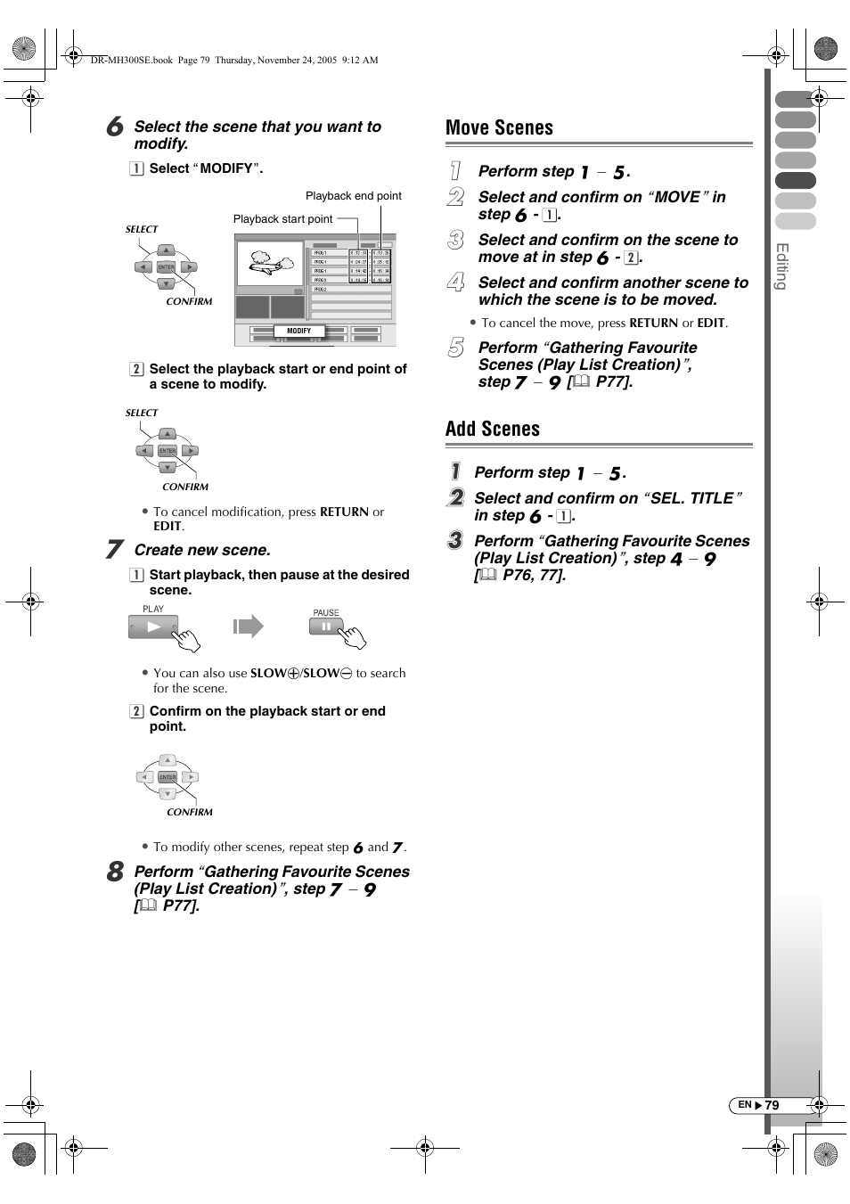 Move scenes, Add scenes, Move scenes add scenes | JVC DR-MH300BEK User Manual | Page 79 / 116