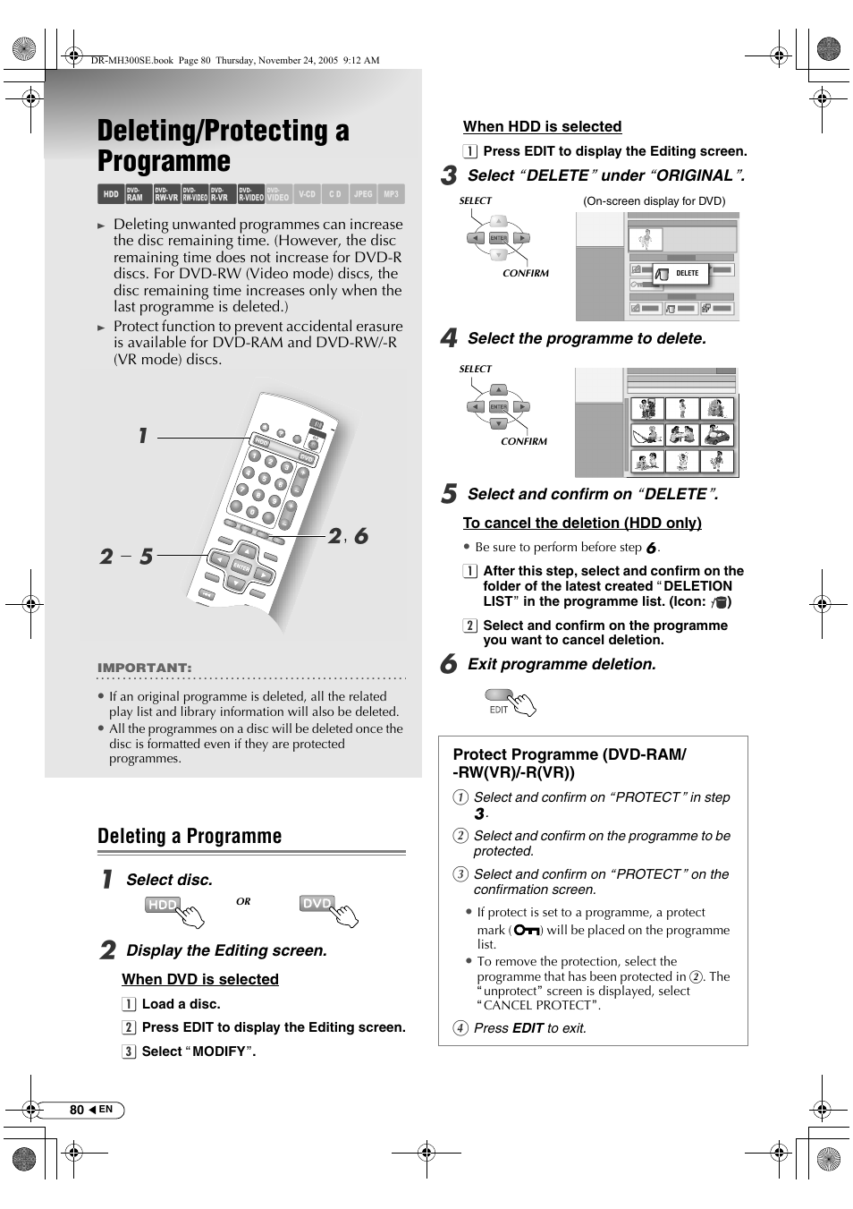Deleting/protecting a programme, Deleting a programme, Abcdef ghijk | B, f b - e a | JVC DR-MH300BEK User Manual | Page 80 / 116