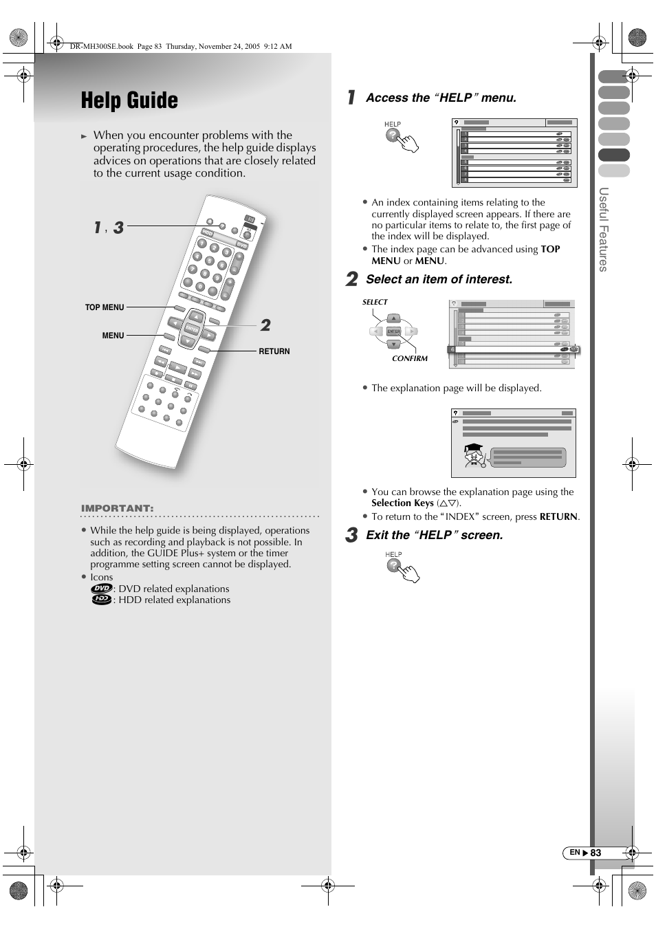 Useful features, Help guide, Ba , c | JVC DR-MH300BEK User Manual | Page 83 / 116