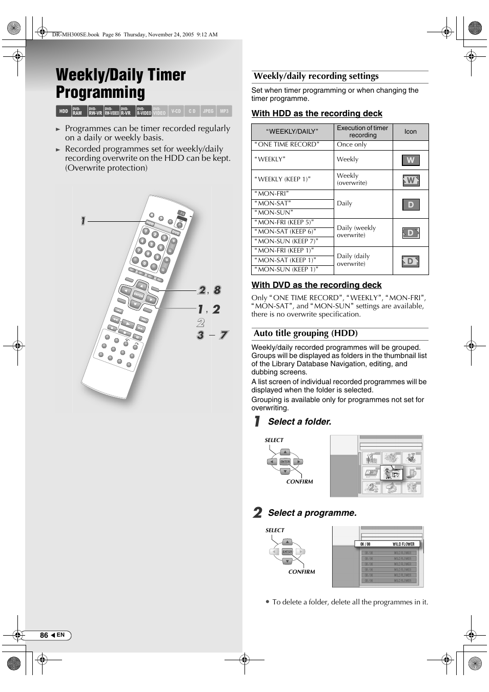 Weekly/daily timer programming, Abcdef ghijk, B, h a , b b c - g a | JVC DR-MH300BEK User Manual | Page 86 / 116