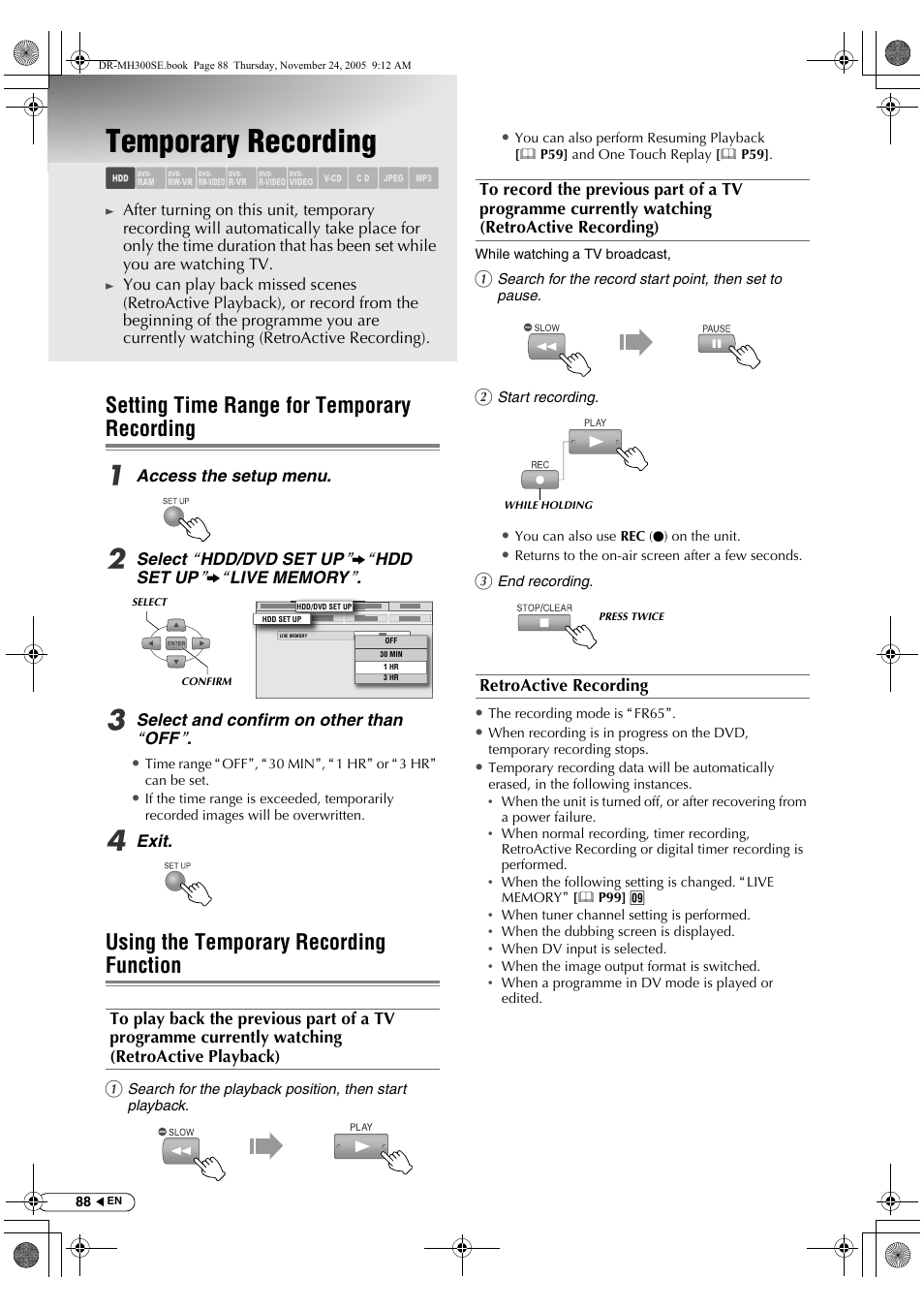 Temporary recording, Setting time range for temporary recording, Using the temporary recording function | Abcdefghijk | JVC DR-MH300BEK User Manual | Page 88 / 116