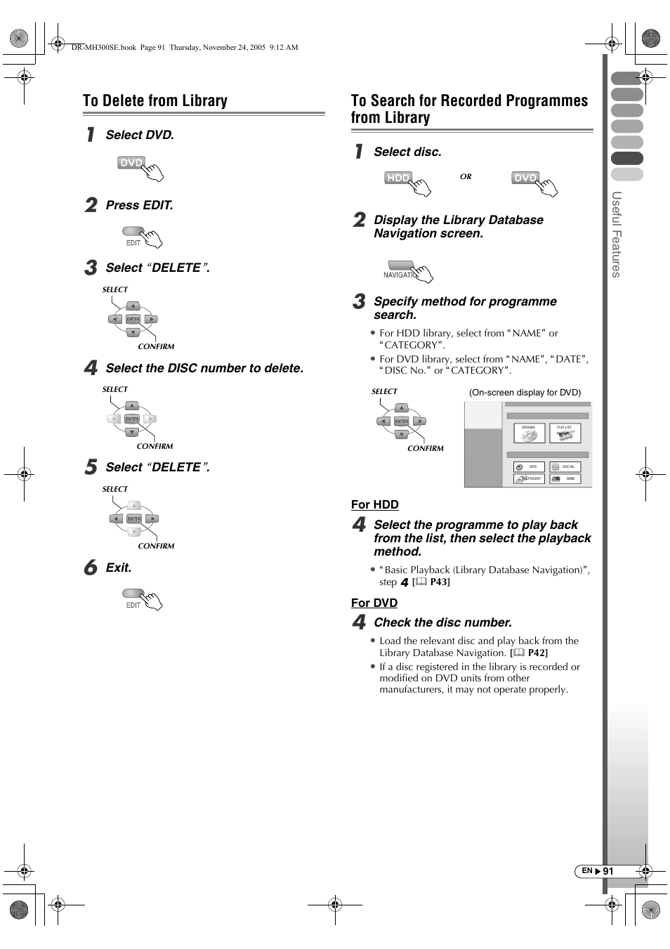 To delete from library, To search for recorded programmes from library | JVC DR-MH300BEK User Manual | Page 91 / 116