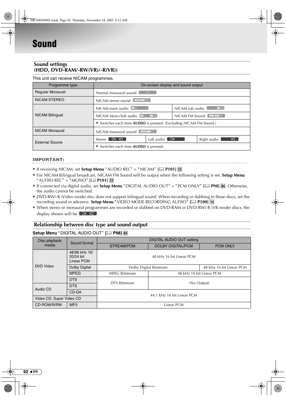 Sound, Sound settings (hdd, dvd-ram/-rw(vr)/-r(vr)), Relationship between disc type and sound output | JVC DR-MH300BEK User Manual | Page 92 / 116