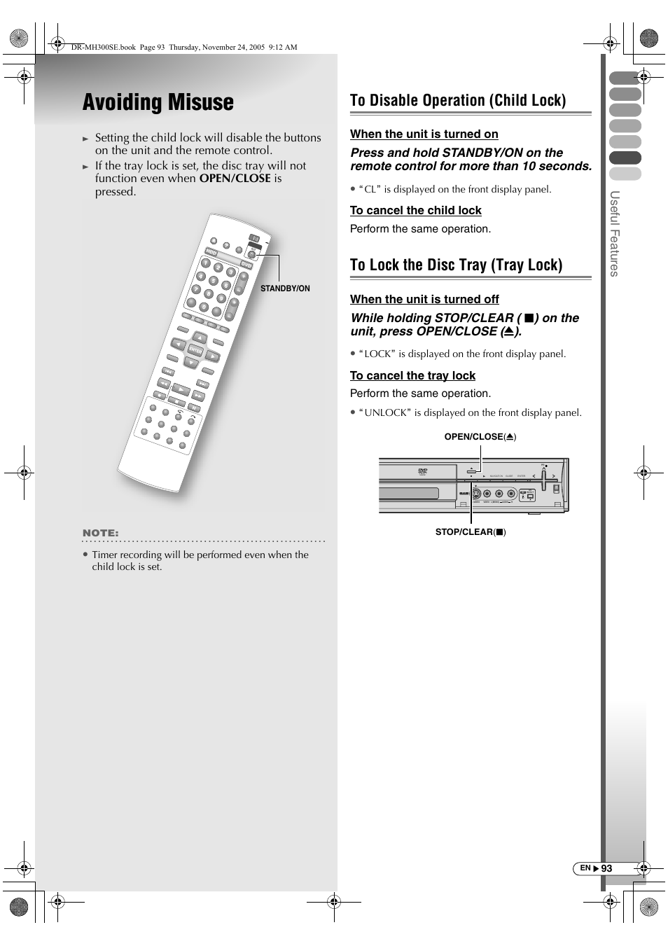 Avoiding misuse, To disable operation (child lock), To lock the disc tray (tray lock) | Usef ul f eature s | JVC DR-MH300BEK User Manual | Page 93 / 116