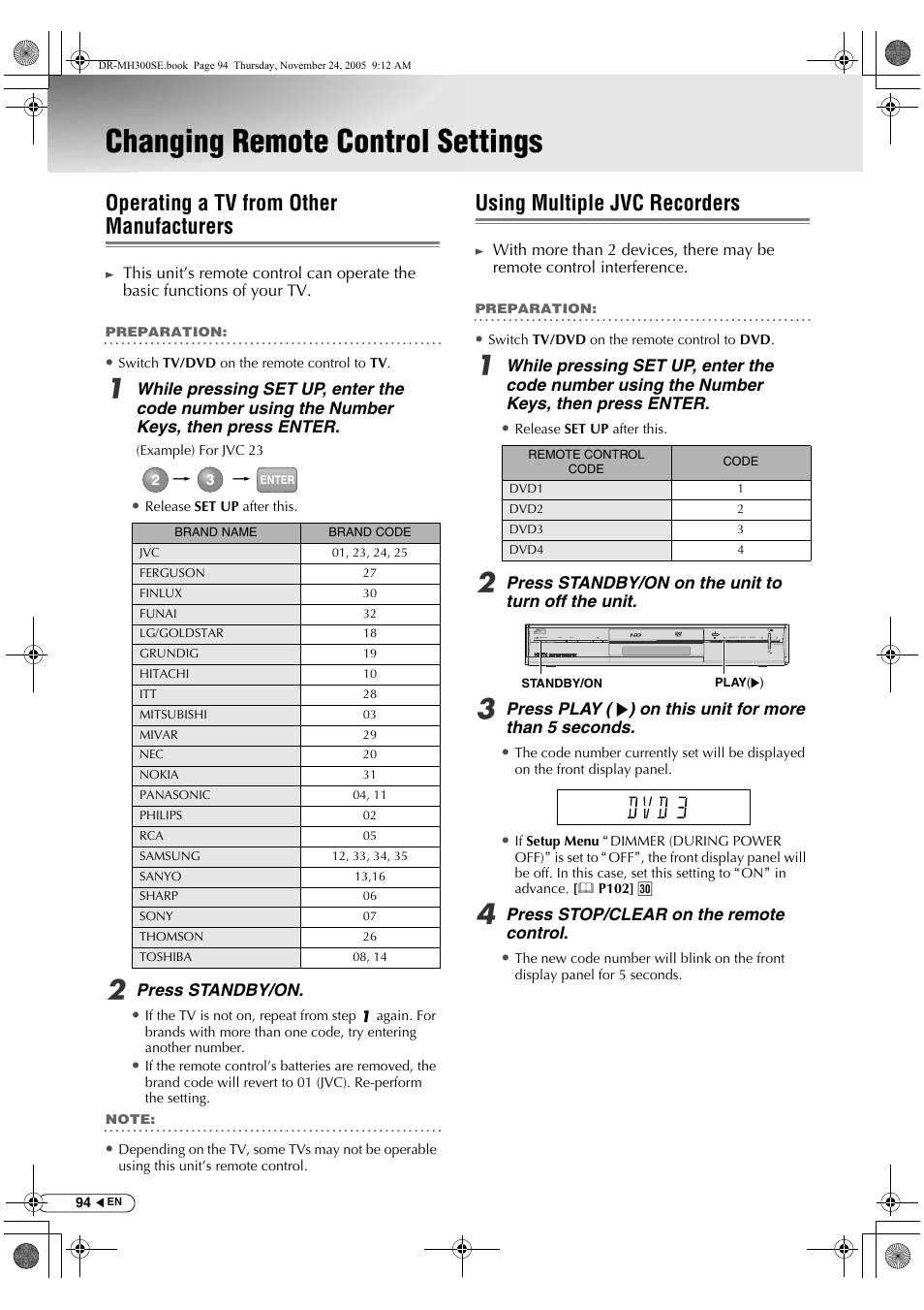 Changing remote control settings, Operating a tv from other manufacturers, Using multiple jvc recorders | JVC DR-MH300BEK User Manual | Page 94 / 116