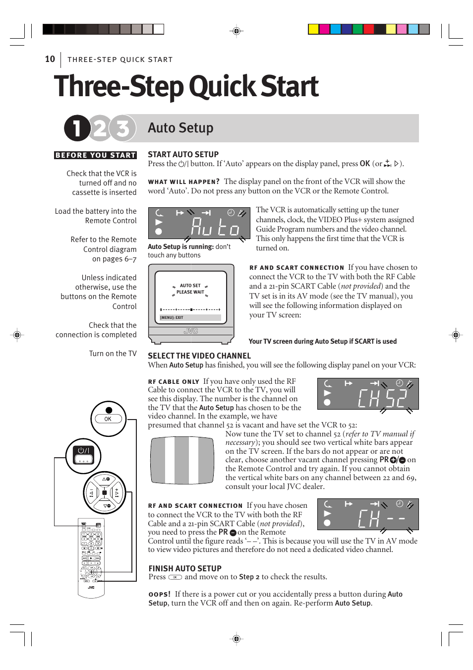 Three-step quick start, Auto setup, Three-step quick start 10 | Before you start | JVC VIDEO PLUS HR-S6965EK User Manual | Page 10 / 60