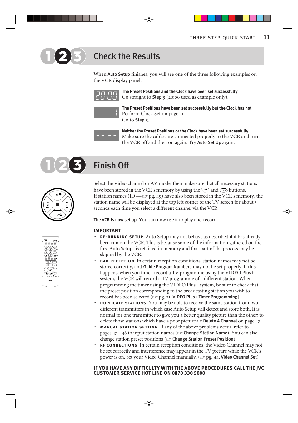 Check the results, Finish off, Three step quick start 11 | JVC VIDEO PLUS HR-S6965EK User Manual | Page 11 / 60