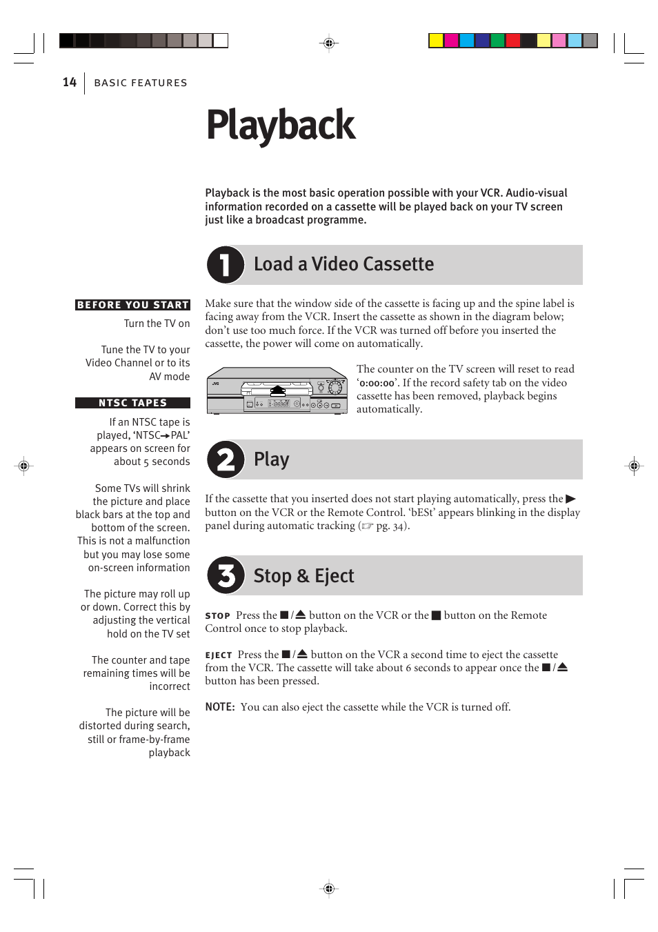 Playback, Load a video cassette, Play | Stop & eject | JVC VIDEO PLUS HR-S6965EK User Manual | Page 14 / 60