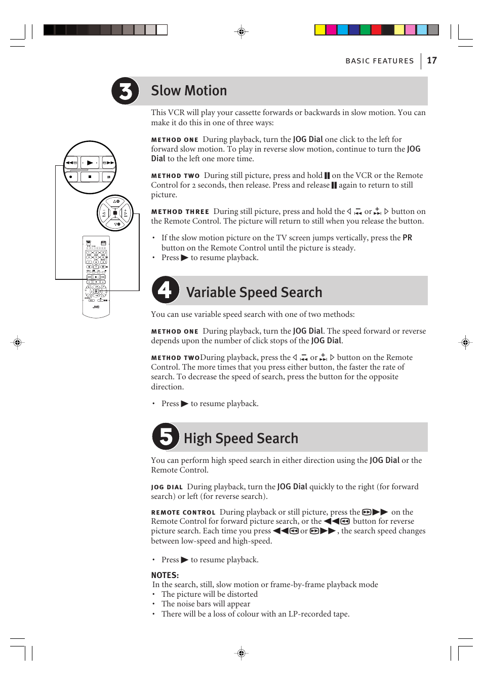 Slow motion, Variable speed search, High speed search | Basic features 17 | JVC VIDEO PLUS HR-S6965EK User Manual | Page 17 / 60