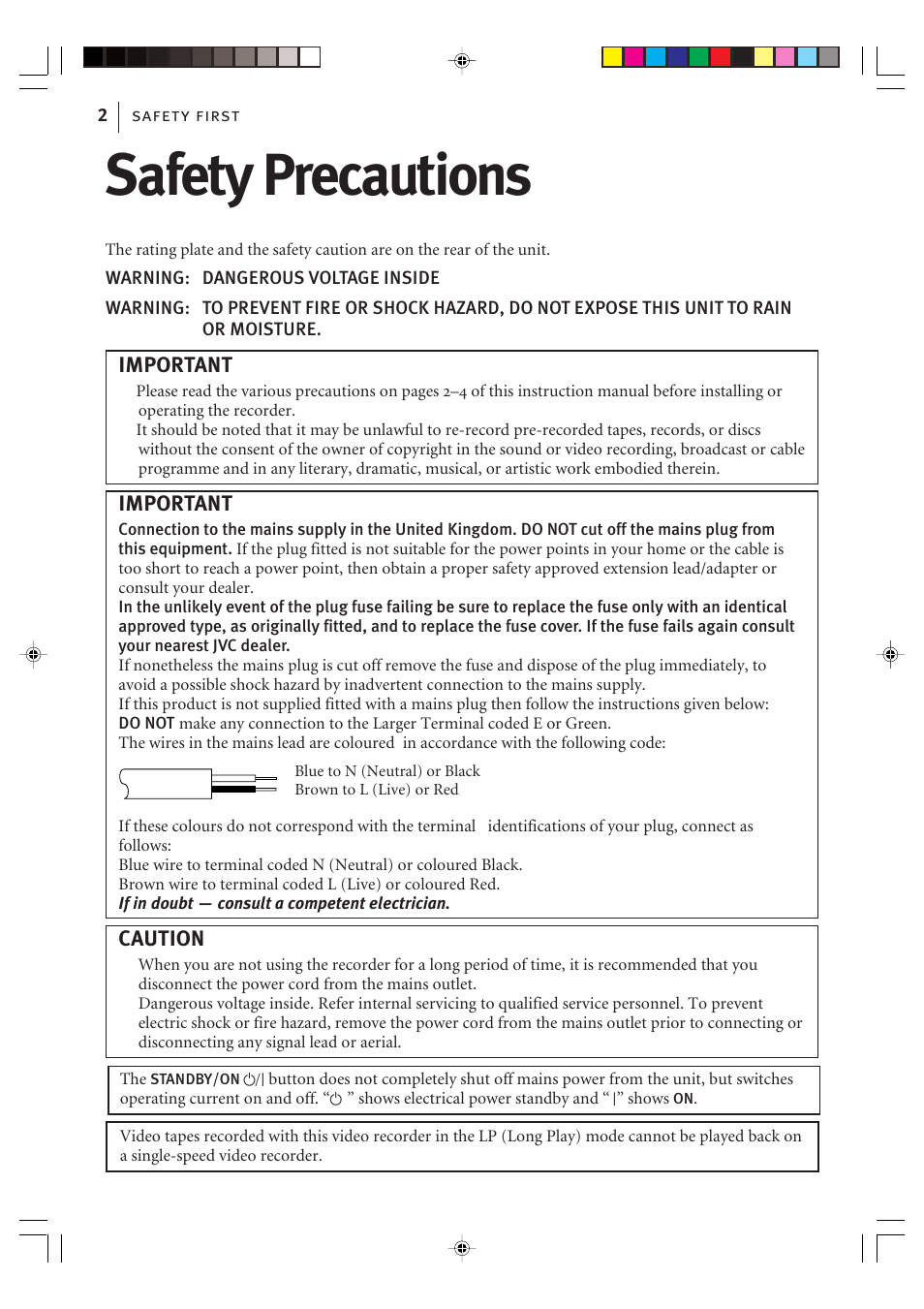 Safety first, Safety precautions, Important | Caution | JVC VIDEO PLUS HR-S6965EK User Manual | Page 2 / 60