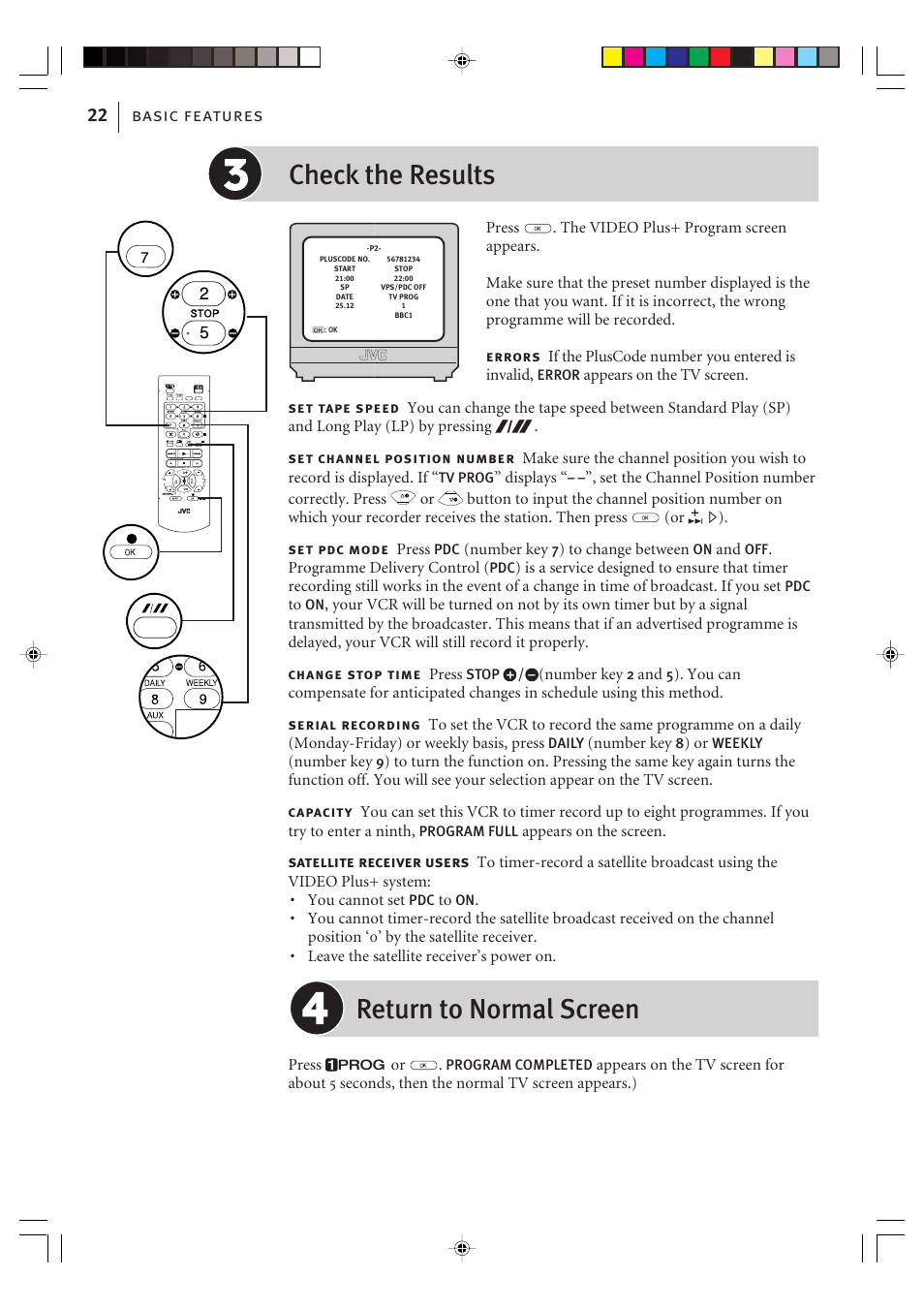 Return to normal screen, Check the results, Basic features 22 | JVC VIDEO PLUS HR-S6965EK User Manual | Page 22 / 60