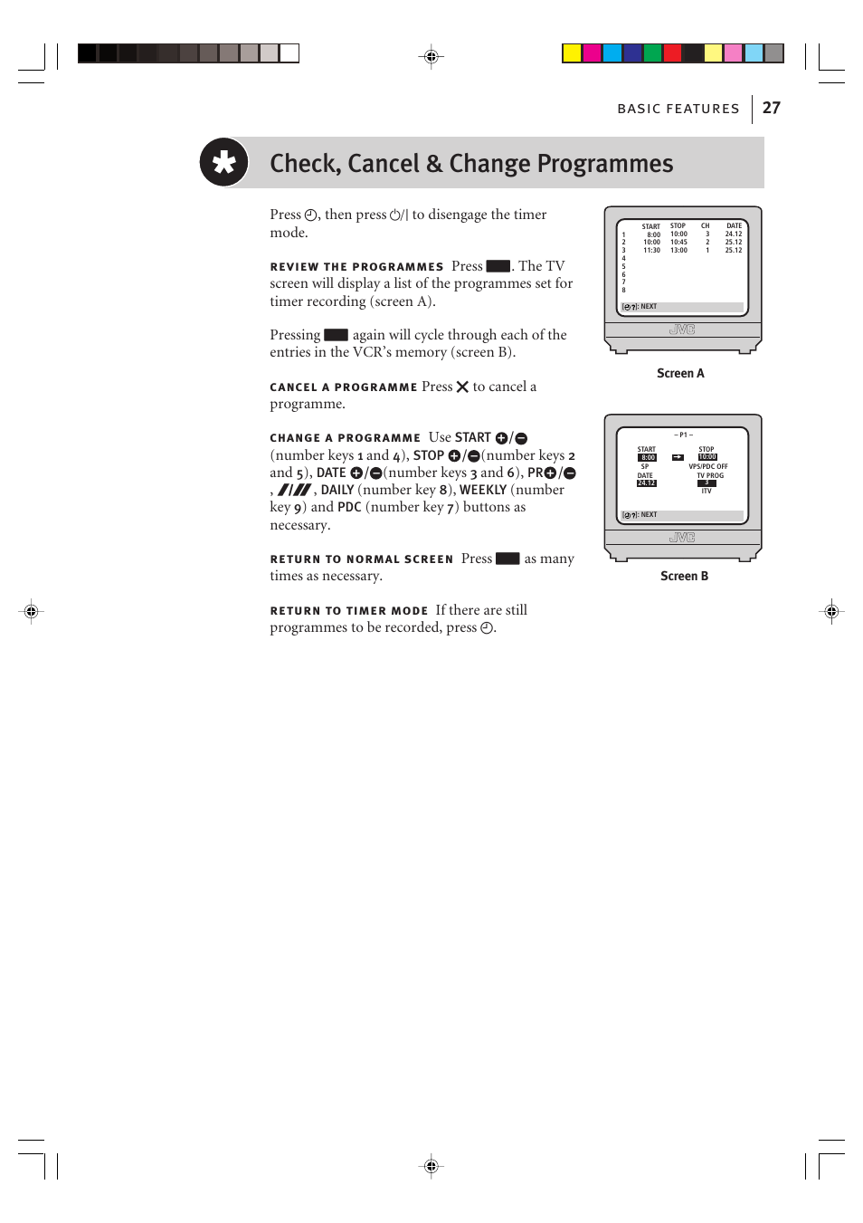 Check, cancel & change programmes, Basic features 27 | JVC VIDEO PLUS HR-S6965EK User Manual | Page 27 / 60